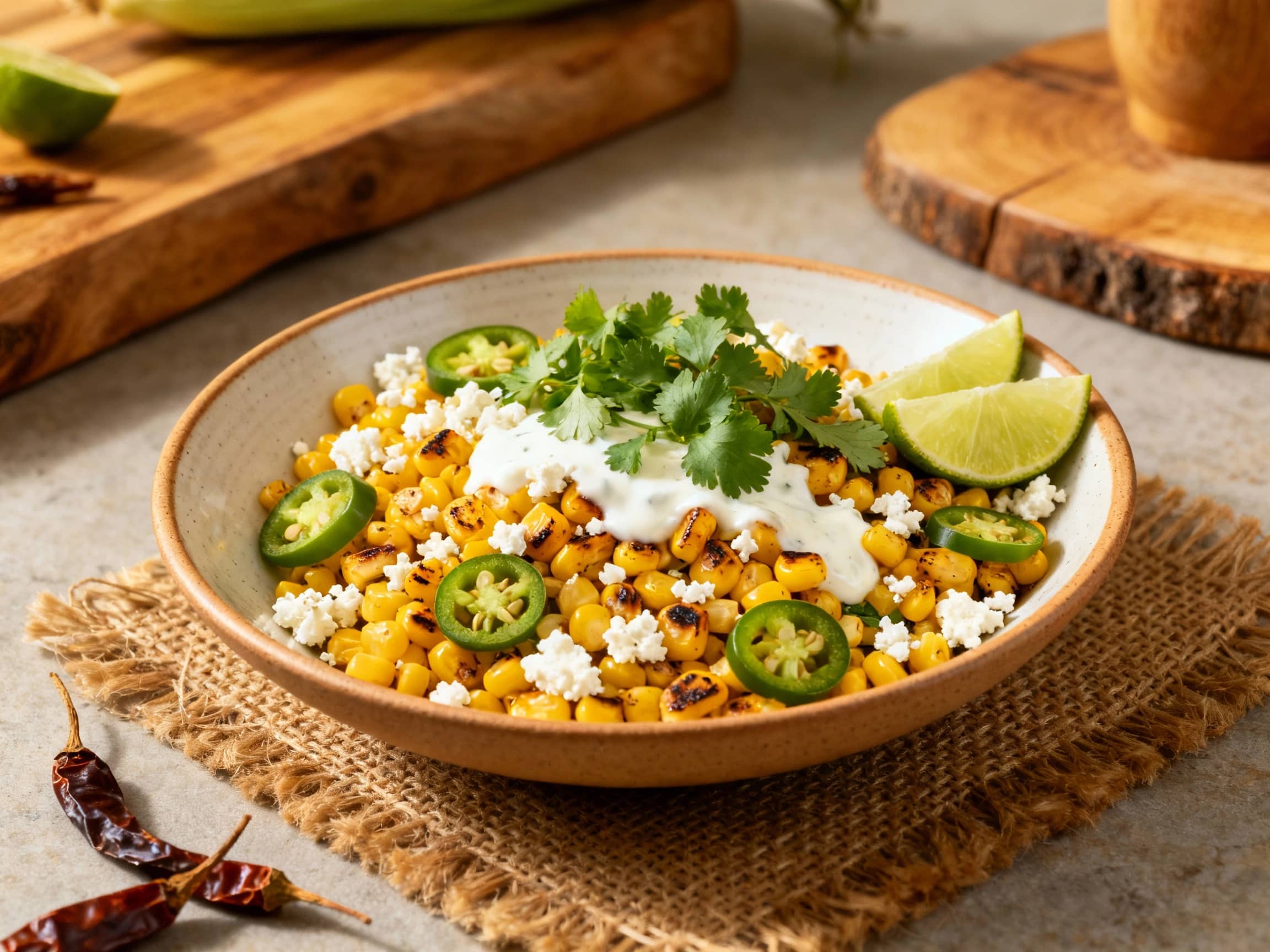 A vibrant bowl overflowing with colorful ingredients, featuring kernels of roasted corn, creamy cotija cheese, chopped cilantro, and bright red bell peppers, artfully arranged with a drizzle of lime crema.