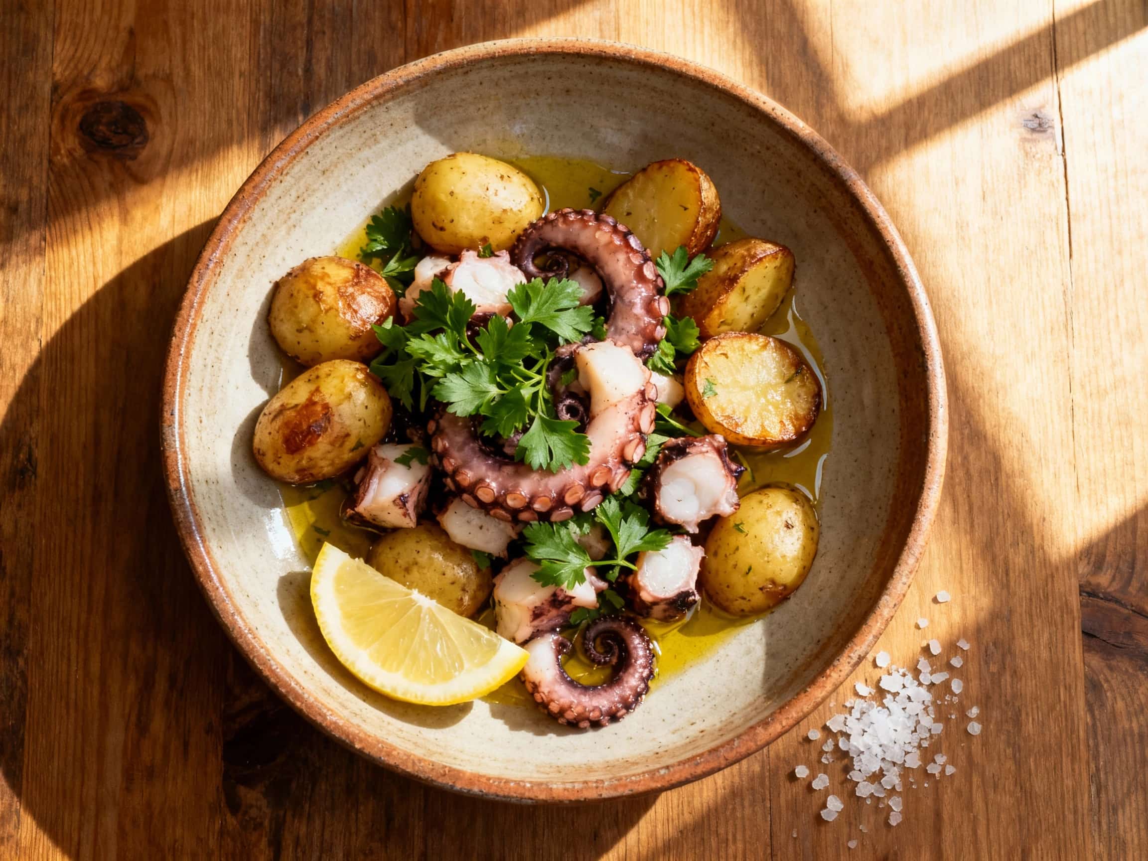 Tender, charred octopus pieces are artfully arranged with roasted potatoes, red onions, and a bright herb salad, drizzled with olive oil and ready to be enjoyed.