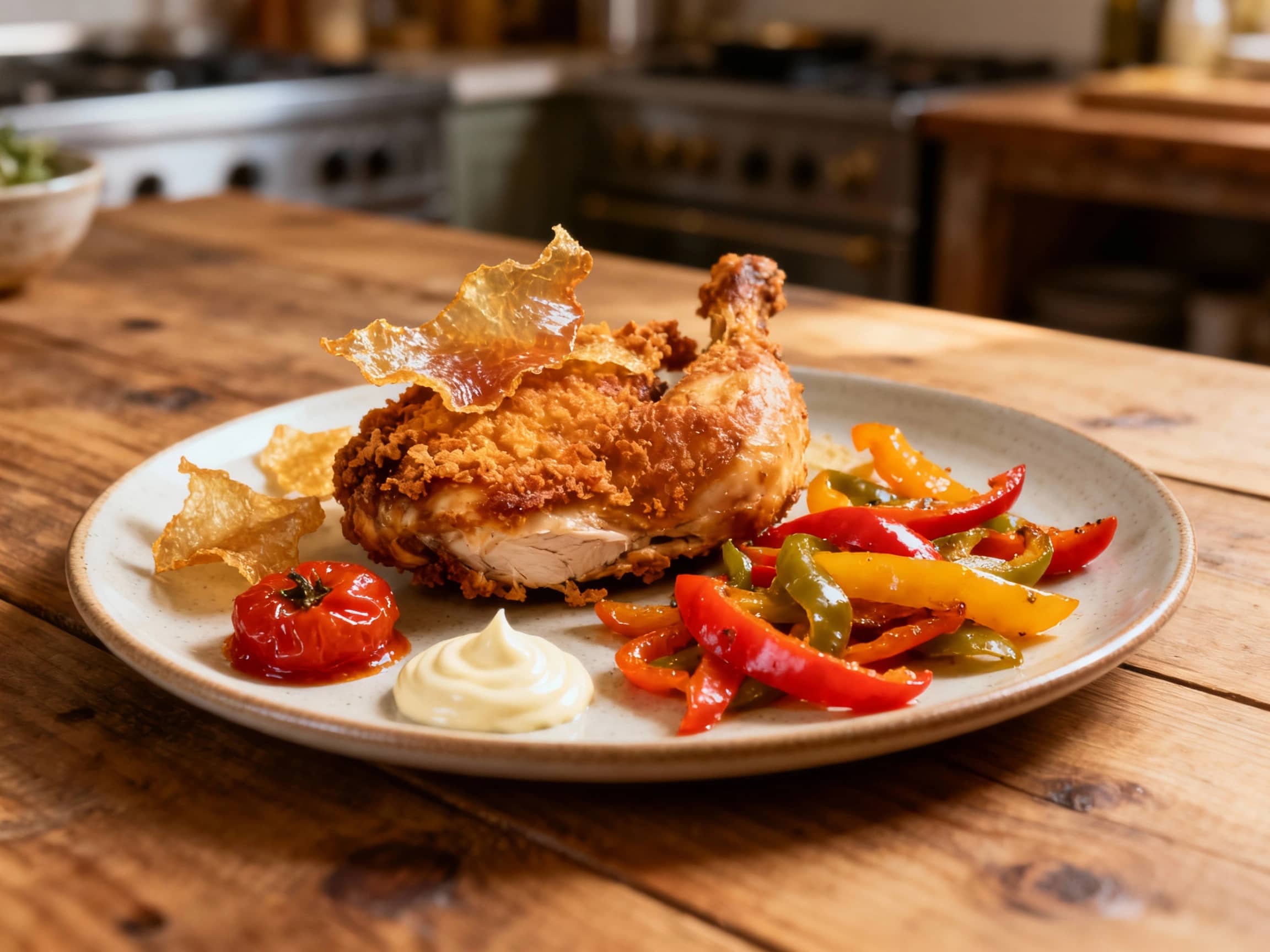 Golden-brown crispy pan-seared chicken pieces rest artfully on a vibrant bed of slow-cooked piperade with bell peppers and onions, drizzled with a flavorful jus.