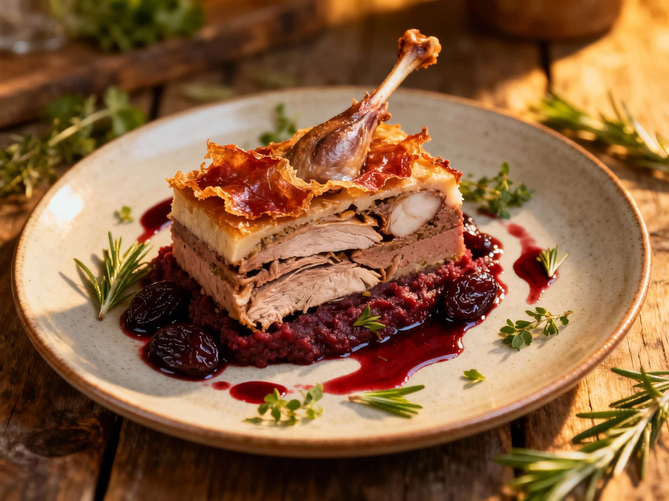 Earthy rabbit terrine is artfully arranged with sweet, glistening prunes, a scattering of microgreens, and a drizzle of dark sauce, creating an elegant and rustic presentation.