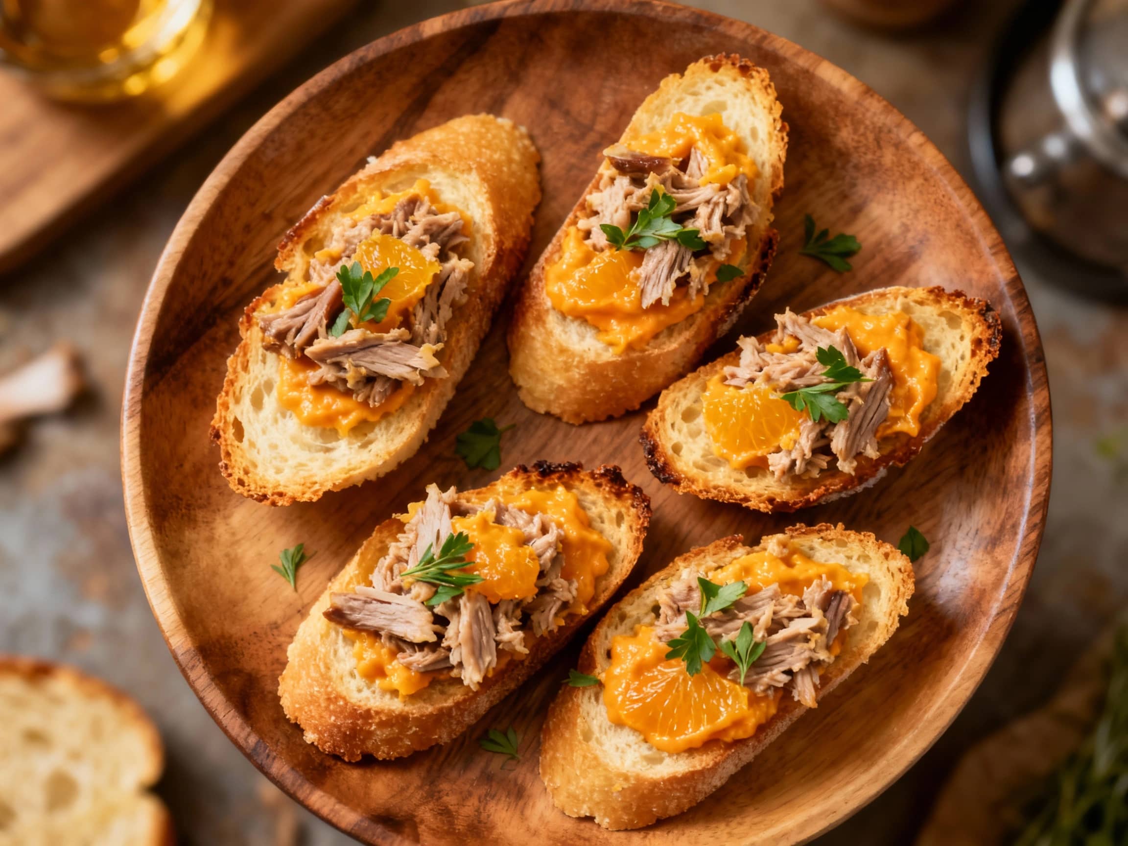 Glistening duck and orange rillettes are piled generously onto crisp, golden crostini, garnished with fresh thyme sprigs and a hint of orange zest, creating an inviting appetizer.
