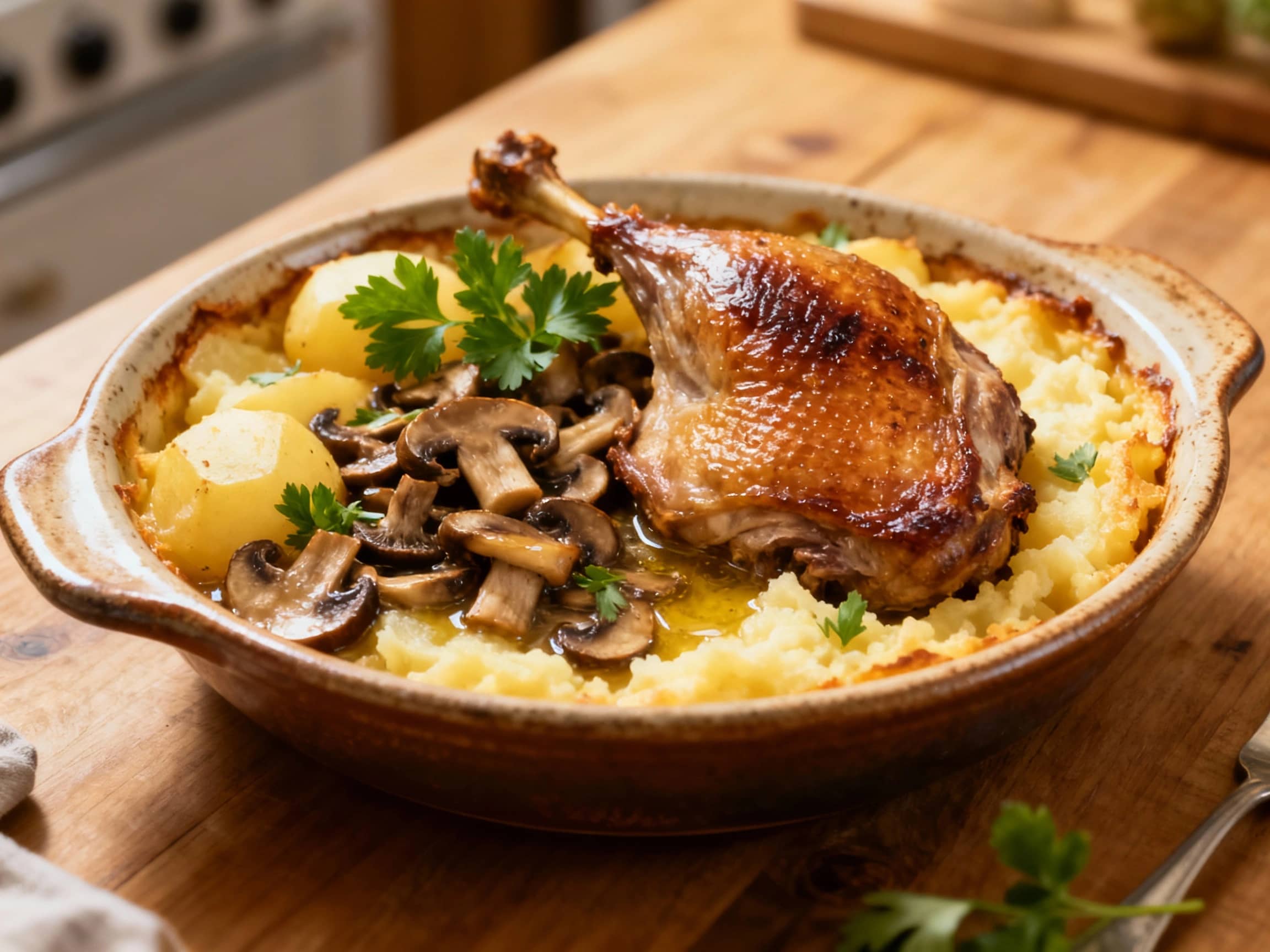 Golden-brown duck confit and earthy wild mushrooms are baked under a creamy potato gratin, creating a rustic and elegant parmentier with herbs sprinkled on top.