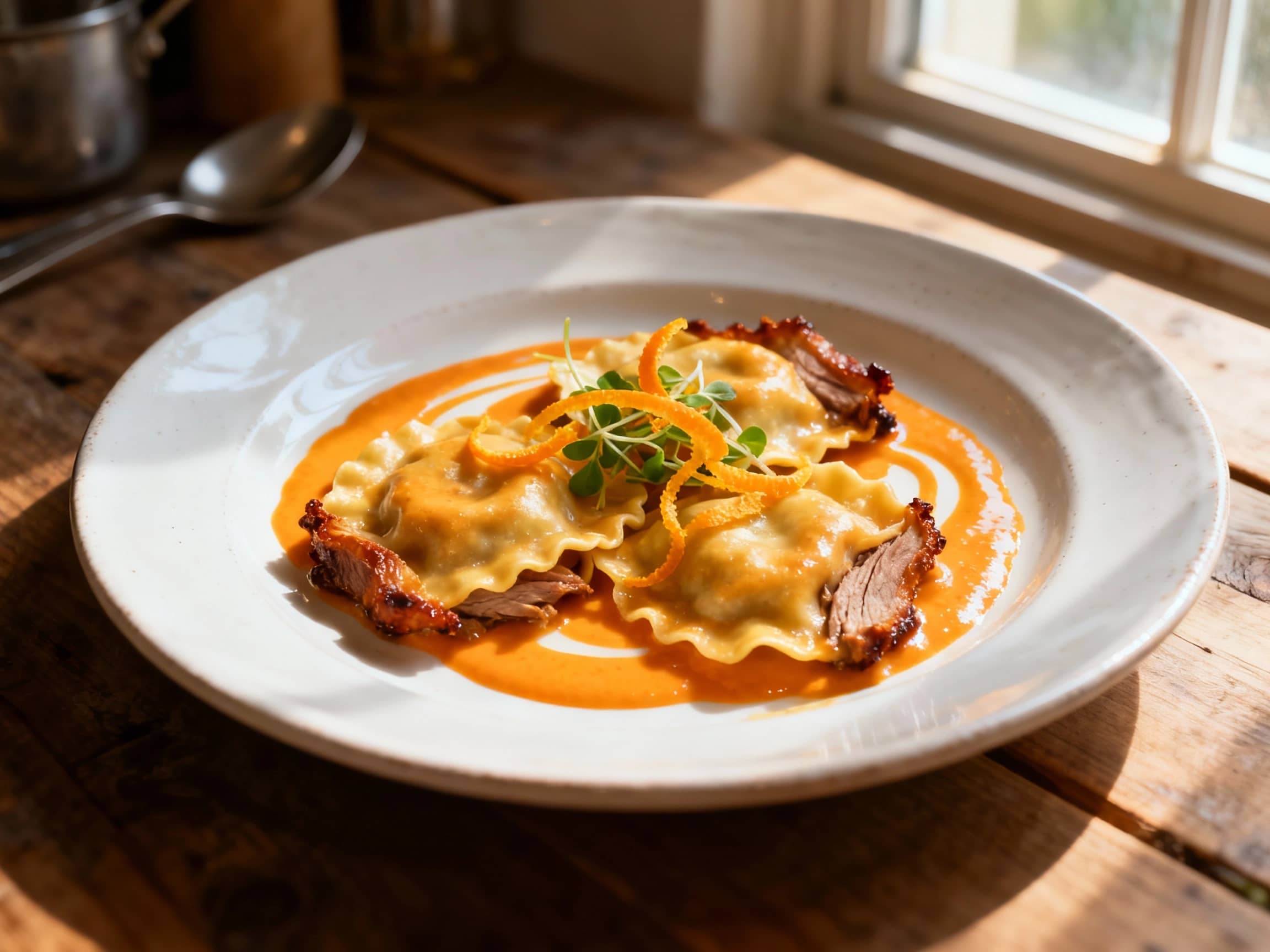 Duck Confit Ravioli with Orange Cream Sauce - Image 1
