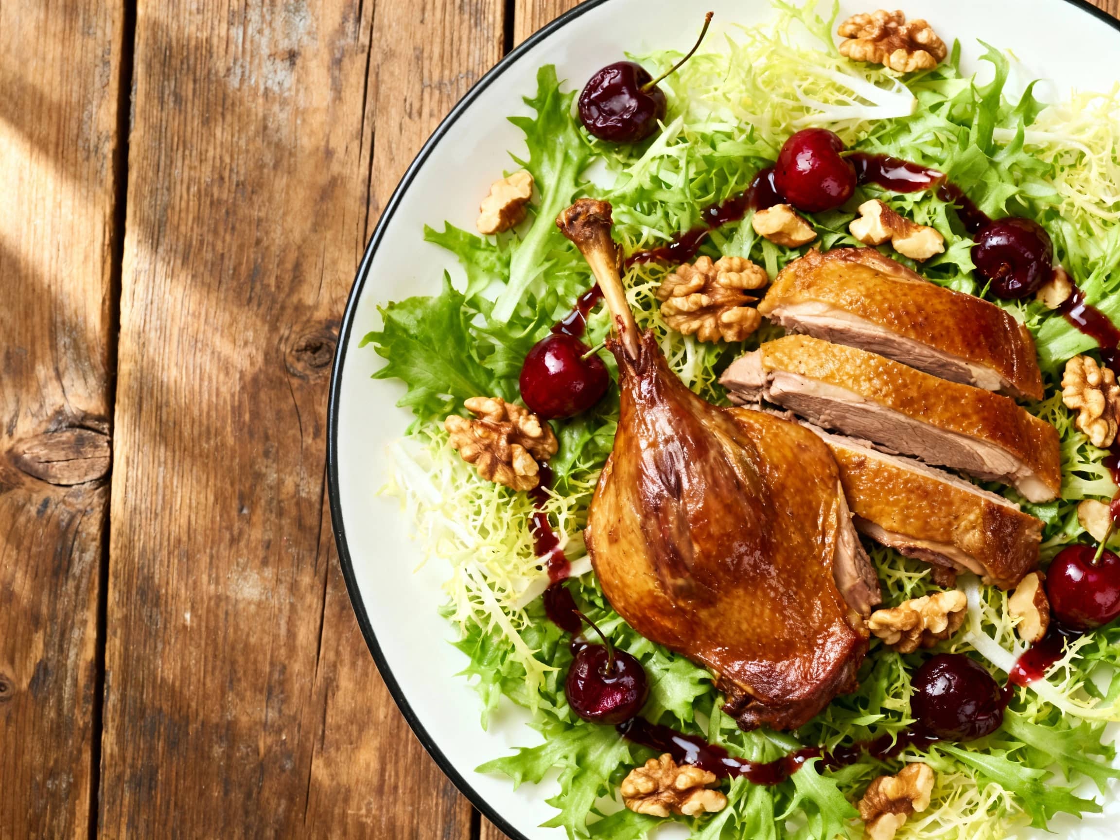 Crispy duck confit pieces rest atop a bed of frisee and toasted walnuts, drizzled with a vibrant cherry vinaigrette and artfully plated for a rustic yet refined presentation.