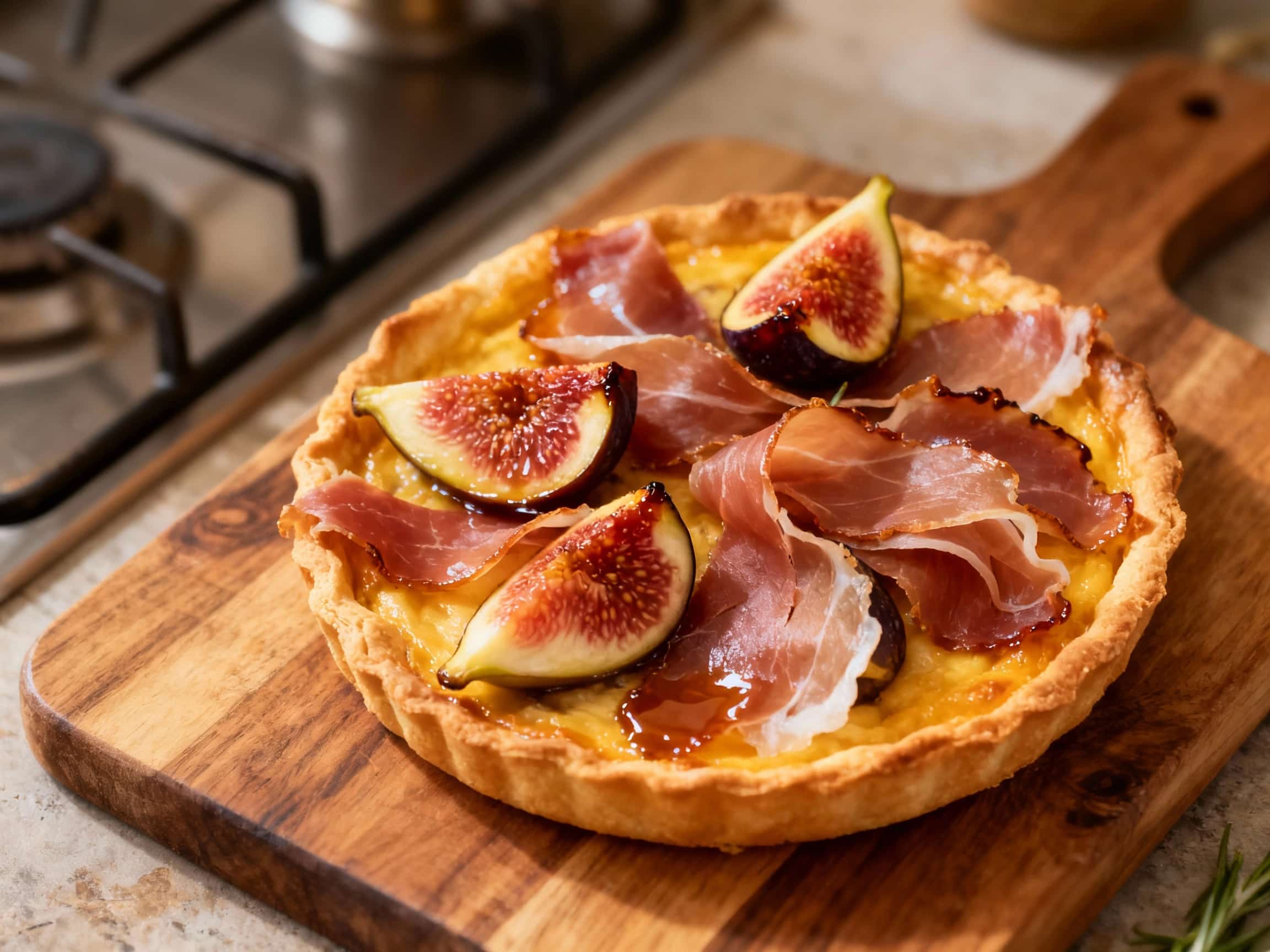 An elegant rectangular golden-brown puff pastry tart, lavishly adorned with glistening slices of dark red duck prosciutto, vibrant halved fresh figs, and fragrant green thyme. A rich balsamic glaze is drizzled artfully across the top, enhancing the appealing contrasts. The tart is presented on a rustic wooden board, ready to be served as a sophisticated appetizer or light meal, highlighting the cu