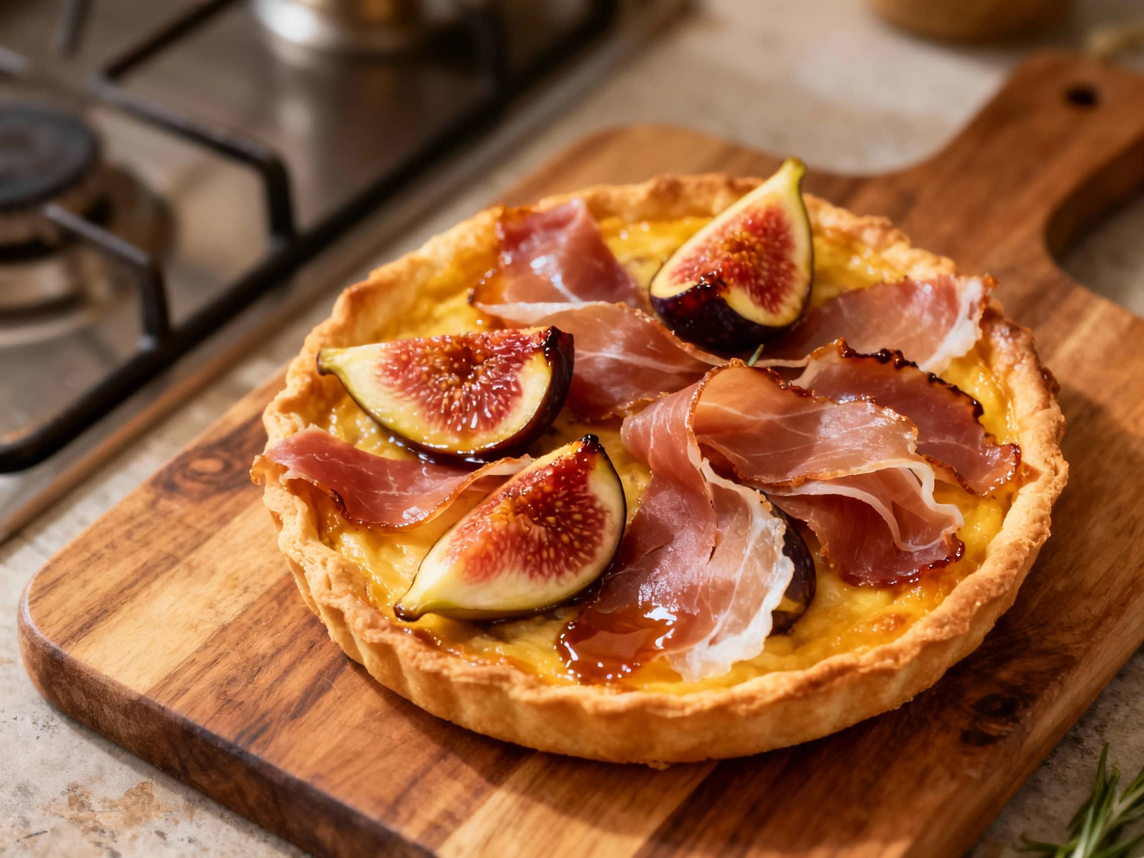 An elegant rectangular golden-brown puff pastry tart, lavishly adorned with glistening slices of dark red duck prosciutto, vibrant halved fresh figs, and fragrant green thyme. A rich balsamic glaze is drizzled artfully across the top, enhancing the appealing contrasts. The tart is presented on a rustic wooden board, ready to be served as a sophisticated appetizer or light meal, highlighting the cu