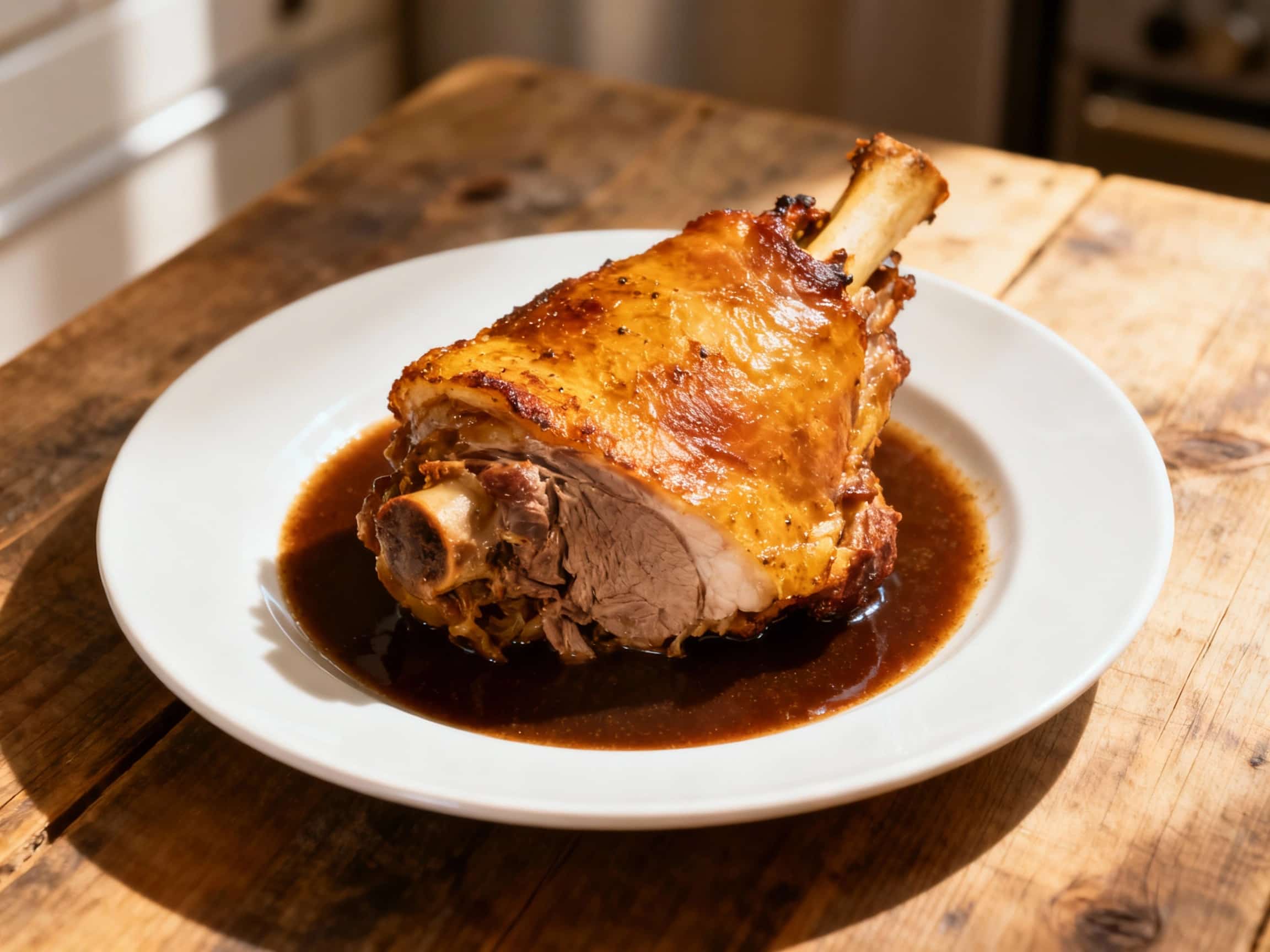 A perfectly braised pork hock, glistening with dark beer reduction, sits proudly on a rustic platter, garnished with parsley, ready to be devoured.