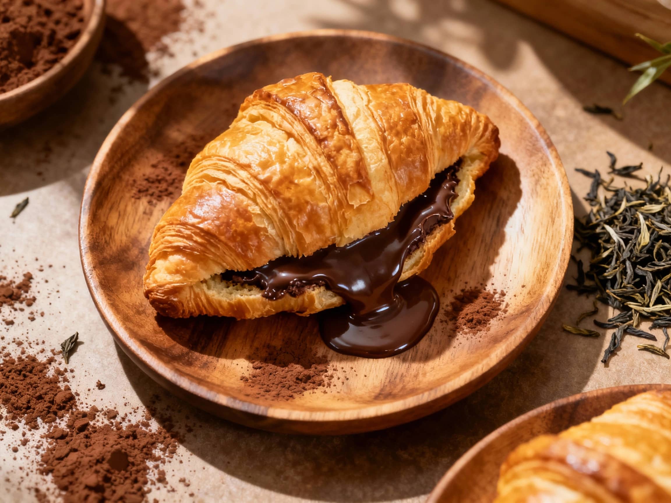 Golden, flaky croissants filled with dark chocolate and dusted with powdered sugar sit invitingly on a rustic wooden board, hinting at a sophisticated breakfast treat.
