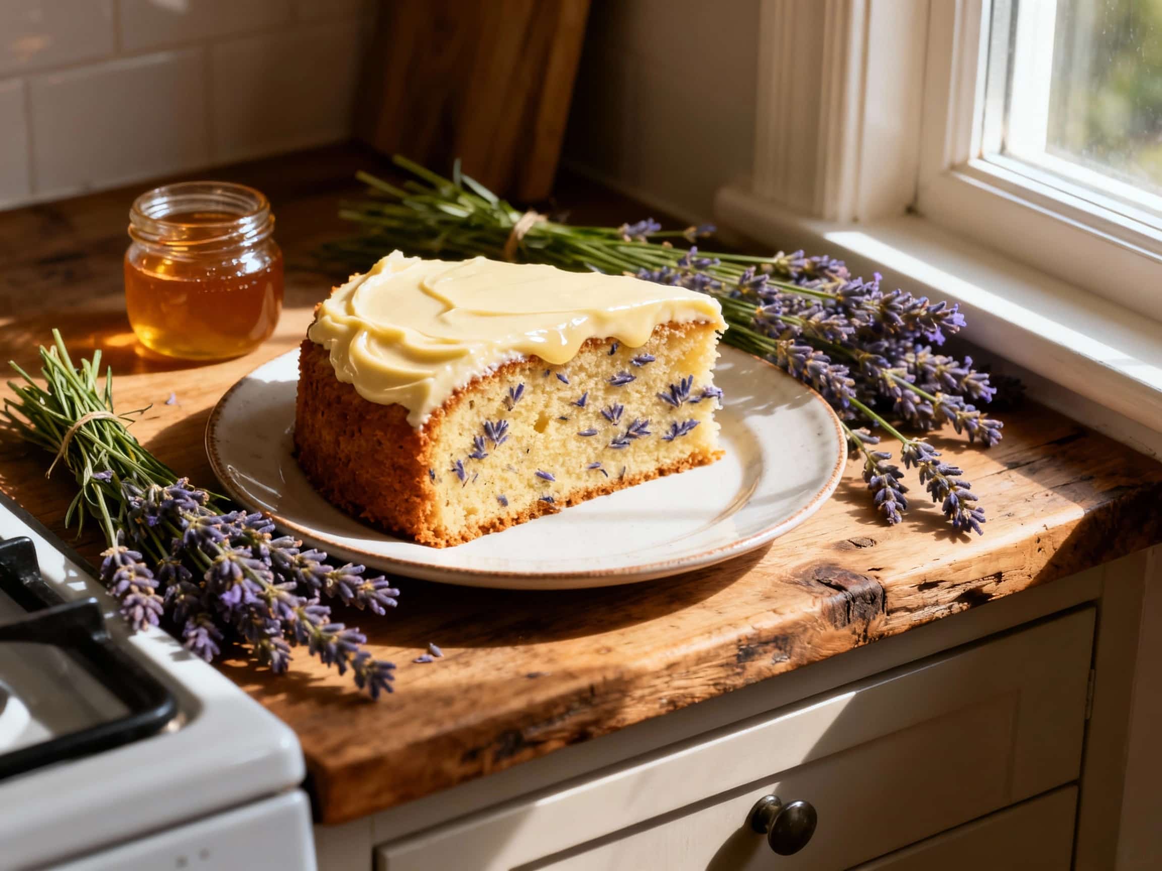 A beautifully frosted three-layer Earl Grey Lavender Cake, showcasing smooth honey buttercream. Dark chocolate ganache drips elegantly down the sides, contrasting with the light frosting. The cake is artfully garnished with delicate, sugary candied lavender sprigs, presented on a white cake stand, evoking a sophisticated dessert experience.