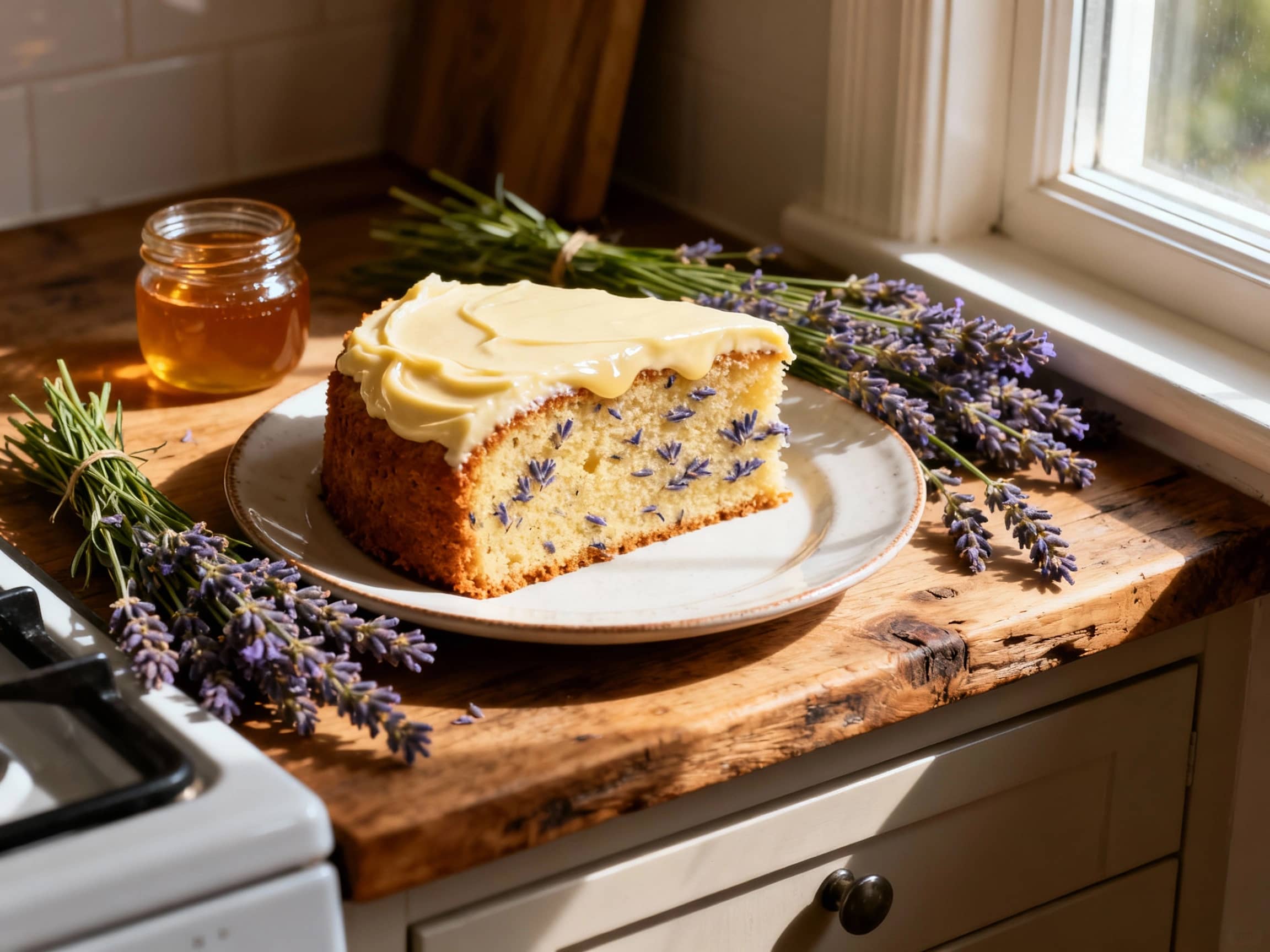 A beautifully frosted three-layer Earl Grey Lavender Cake, showcasing smooth honey buttercream. Dark chocolate ganache drips elegantly down the sides, contrasting with the light frosting. The cake is artfully garnished with delicate, sugary candied lavender sprigs, presented on a white cake stand, evoking a sophisticated dessert experience.