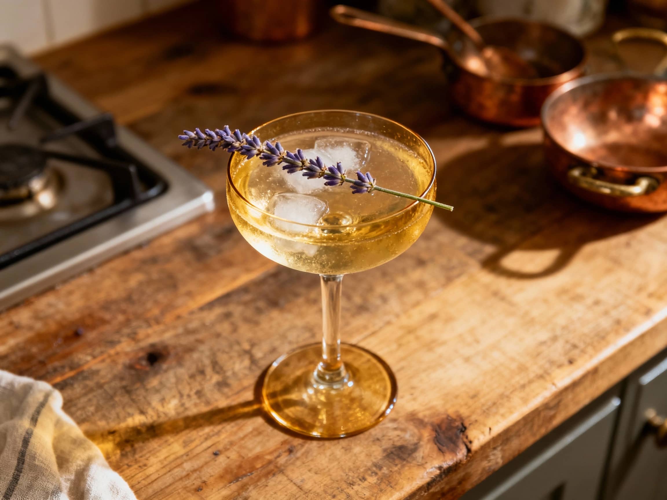 A sophisticated Earl Grey martini rests in a chilled coupe glass, garnished with a delicate lavender sprig and a citrus twist catching the soft light.