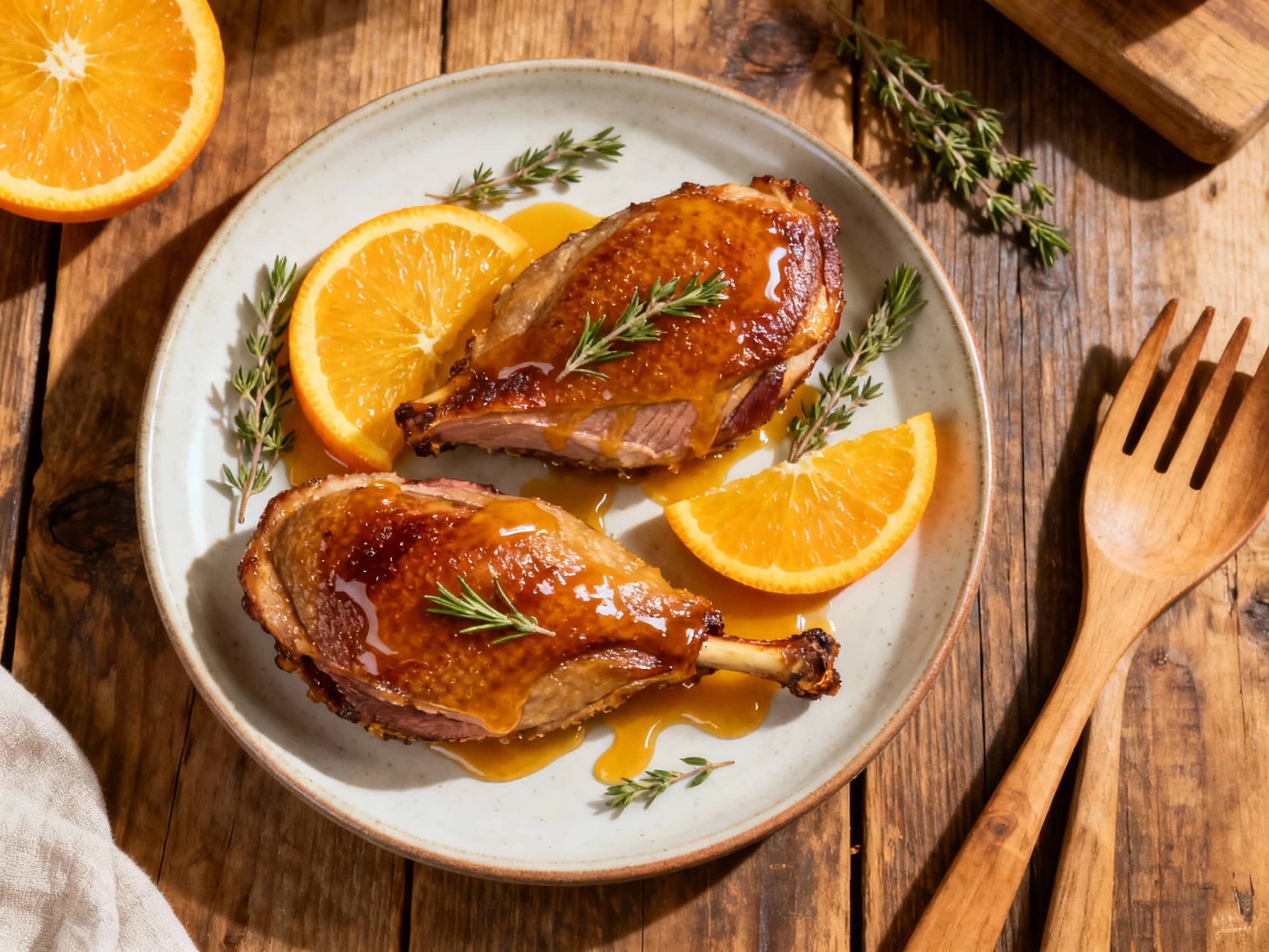 Succulent, pan-seared duck breasts rest on a white plate, beautifully glazed with a shimmering orange sauce and garnished with fresh orange slices and rosemary sprigs.