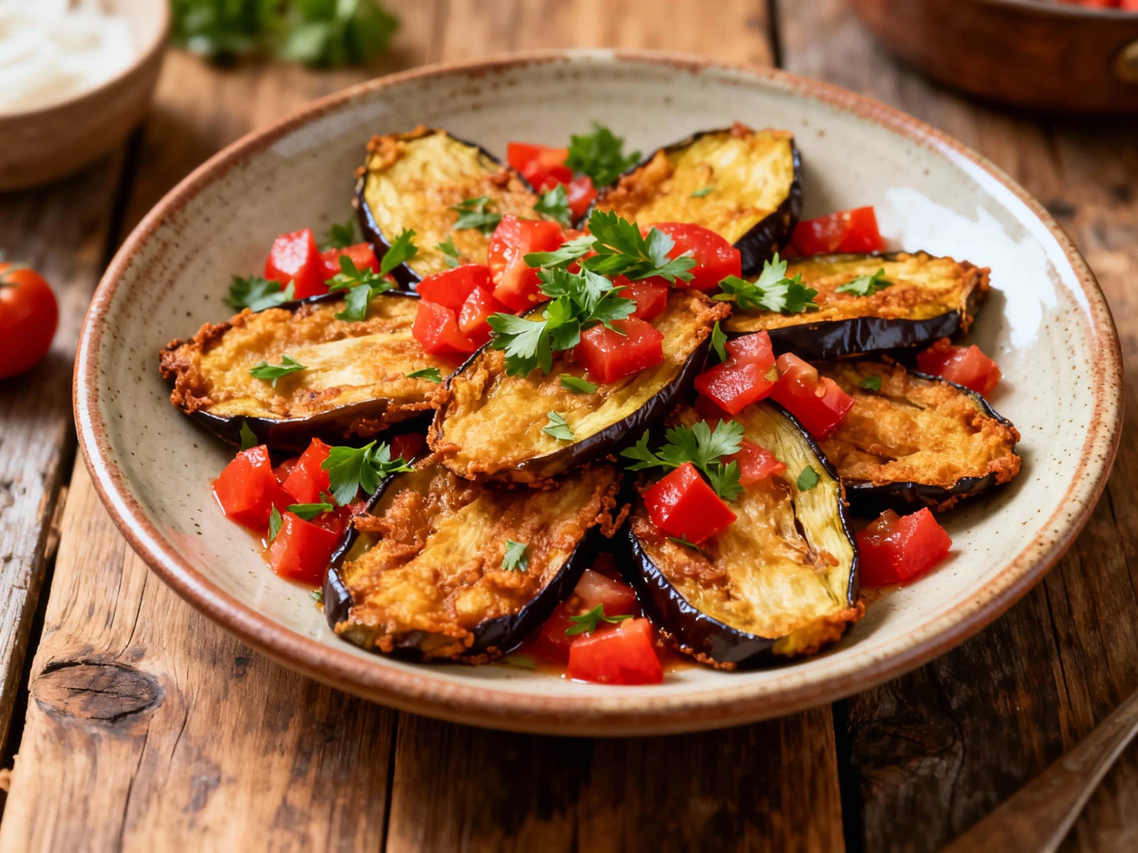 A close-up, overhead view of Egyptian fried eggplant, featuring golden-brown, crispy eggplant slices artfully arranged on a rustic ceramic plate. Each slice is generously topped with a vibrant, colorful mixture of finely chopped red tomatoes, fresh green parsley, and verdant cilantro, with visible bits of fragrant garlic. A glistening drizzle of olive oil and a hint of lemon juice add a fresh shee