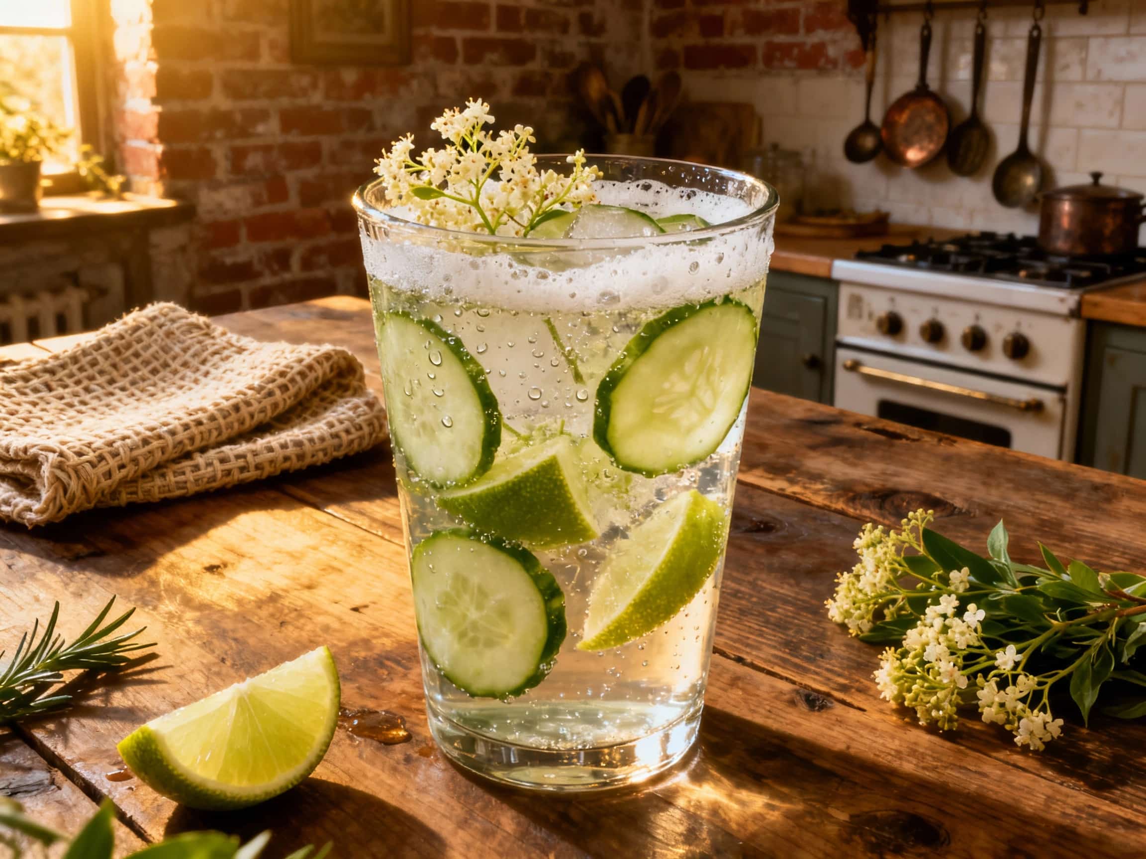 A refreshing Elderflower Cucumber Lime Spritzer, pale green and effervescent in a tall glass, sits on a sun-dappled outdoor table. It's garnished exquisitely with thin cucumber ribbons and a vibrant sprig of fresh mint, with condensation visible on the glass, suggesting its icy coolness. The background is softly blurred with lush green garden elements, creating a serene and inviting summer drinks
