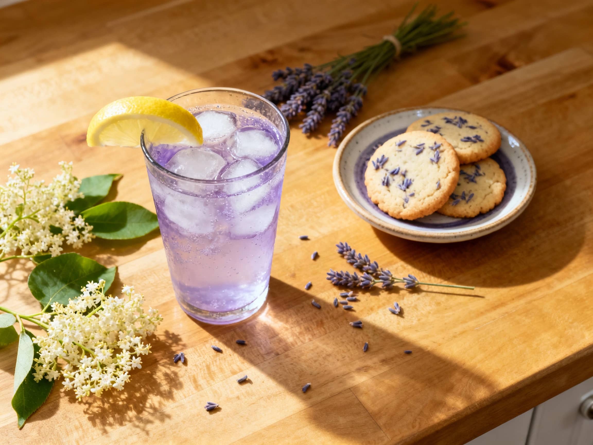 A tall glass of sparkling elderflower lavender spritzer sits on a white marble surface, garnished with fresh lavender sprigs and a lemon wheel, catching the light beautifully.