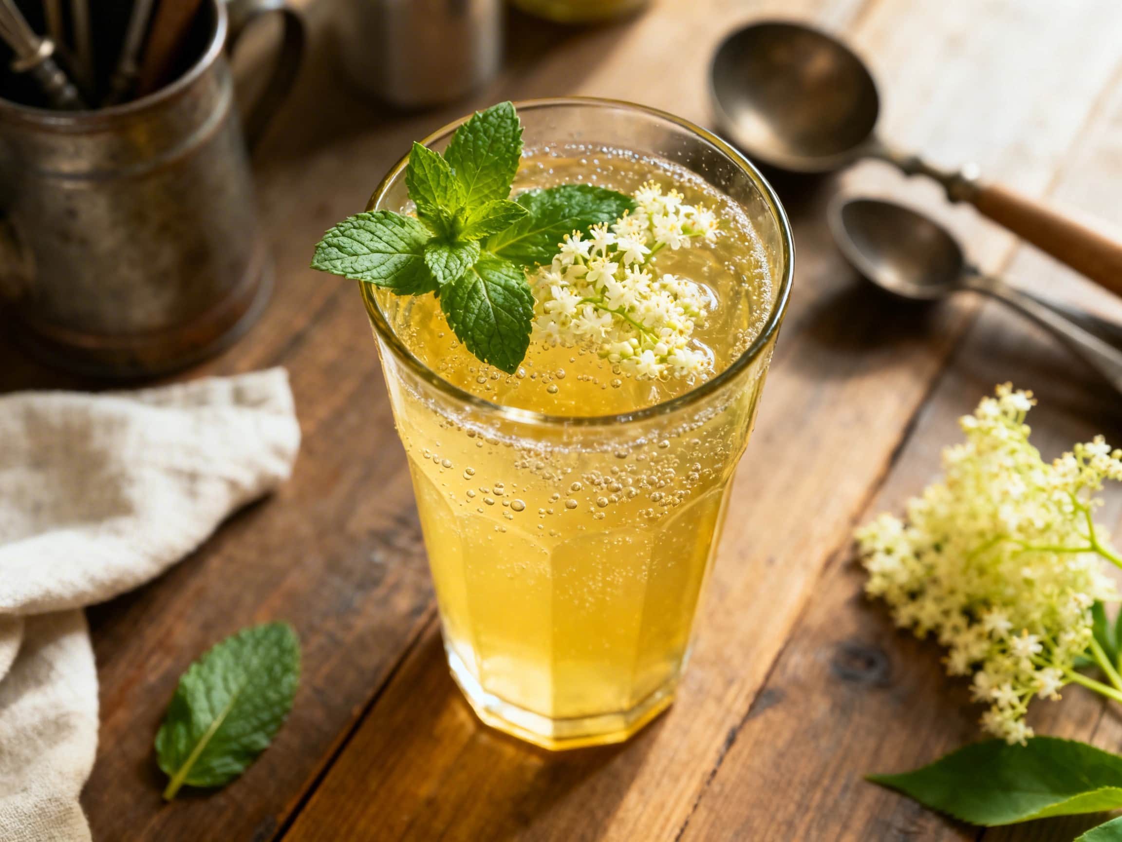 A tall glass of Elderflower Mint Sparkling Lemonade, adorned with muddled mint leaves and a lemon wheel. Ice cubes fill the glass, which shimmers with condensation, indicating its refreshing chill. The drink exhibits a soft golden color, and tiny bubbles are observable, adding to its appealing effervescence. It is presented on a clean, light surface, likely a wooden table, under bright, natural li