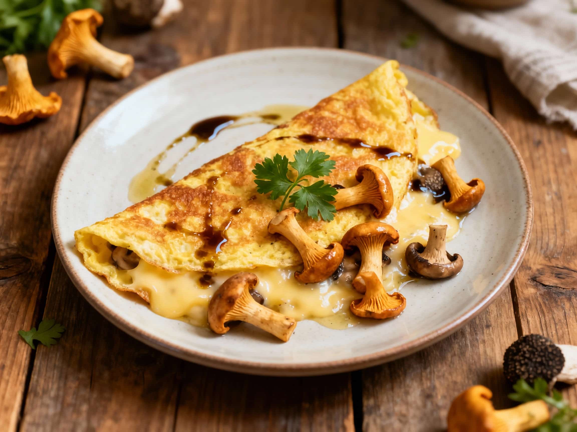 A golden-brown, perfectly folded omelet is generously filled with sautéed chanterelle mushrooms and drizzled with fragrant truffle oil, creating an elegant and savory breakfast.