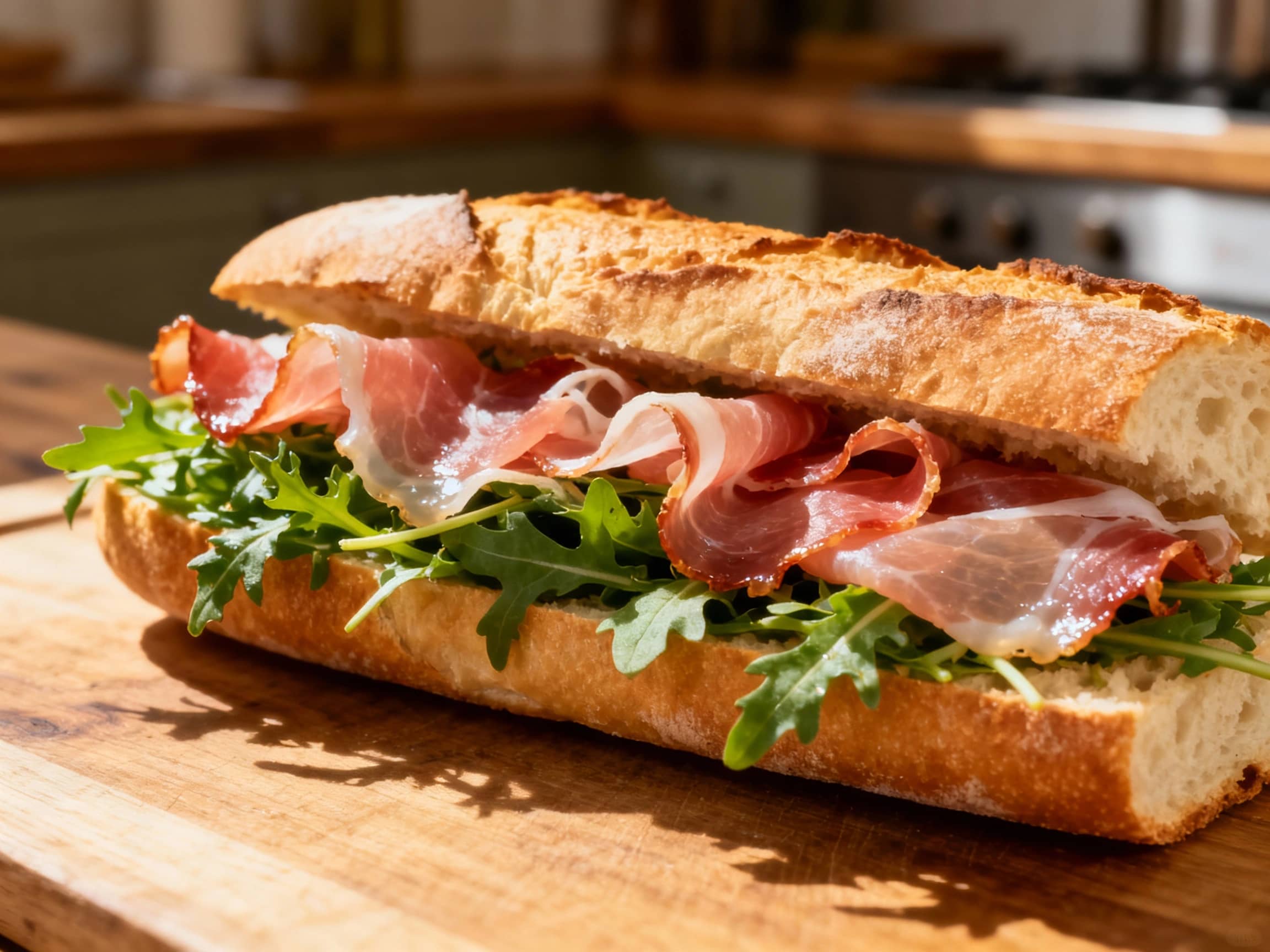 A crisp baguette, generously filled with salty prosciutto, peppery arugula, and creamy cheese, is sliced diagonally and artfully arranged on a rustic wooden board.