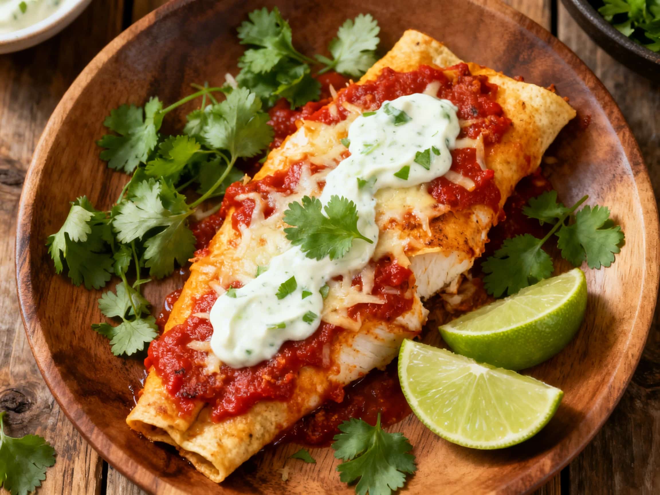 A close-up, top-down view of a baking dish holding two large, baked cod fillets, generously coated in a deep red enchilada sauce. White lime crema is drizzled in elegant swirls over the fish, adorned with an abundance of fresh, bright green cilantro leaves and scattered crumbles of white cotija cheese. The fish looks moist and flaky, showcasing the rich colors and textures of the dish, ready to be