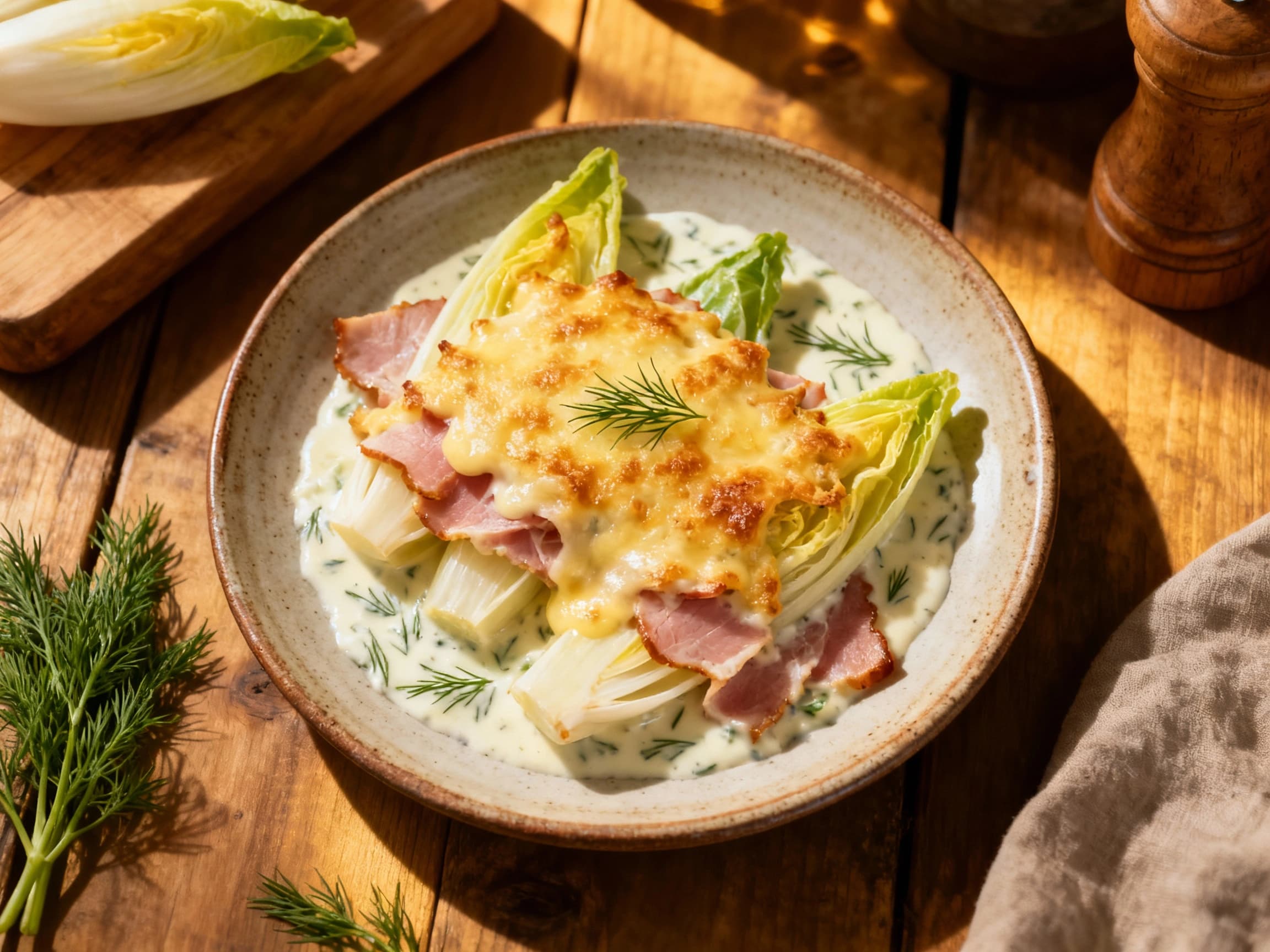 Endive and Ham Gratin with Creamy Dill