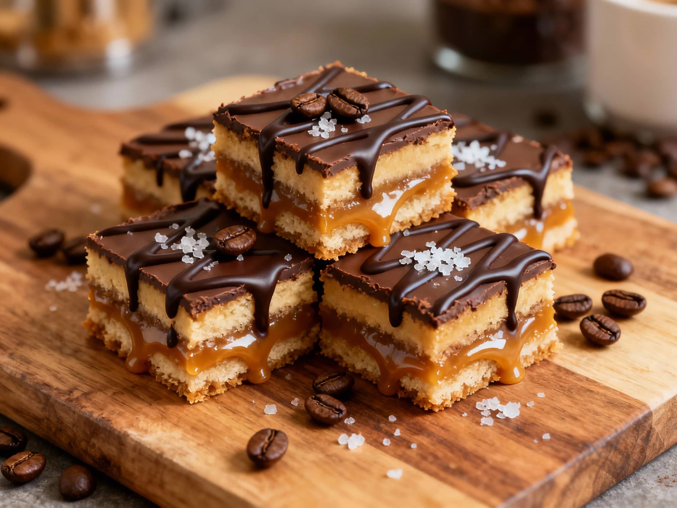 Decadent espresso caramel squares, glistening under warm light, are topped with a rich dark chocolate drizzle and a sprinkle of sea salt.