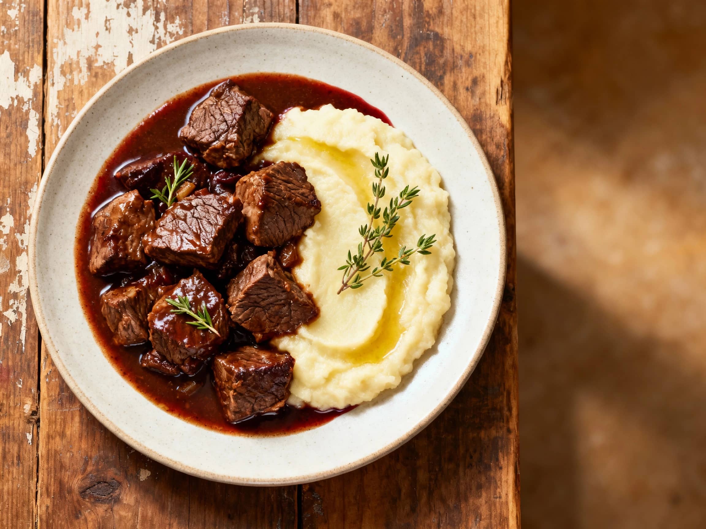 Rich, dark beef bourguignon with a glossy sheen sits in a rustic cast iron pot, crowned with fresh parsley and paired with swirls of creamy parsnip puree.