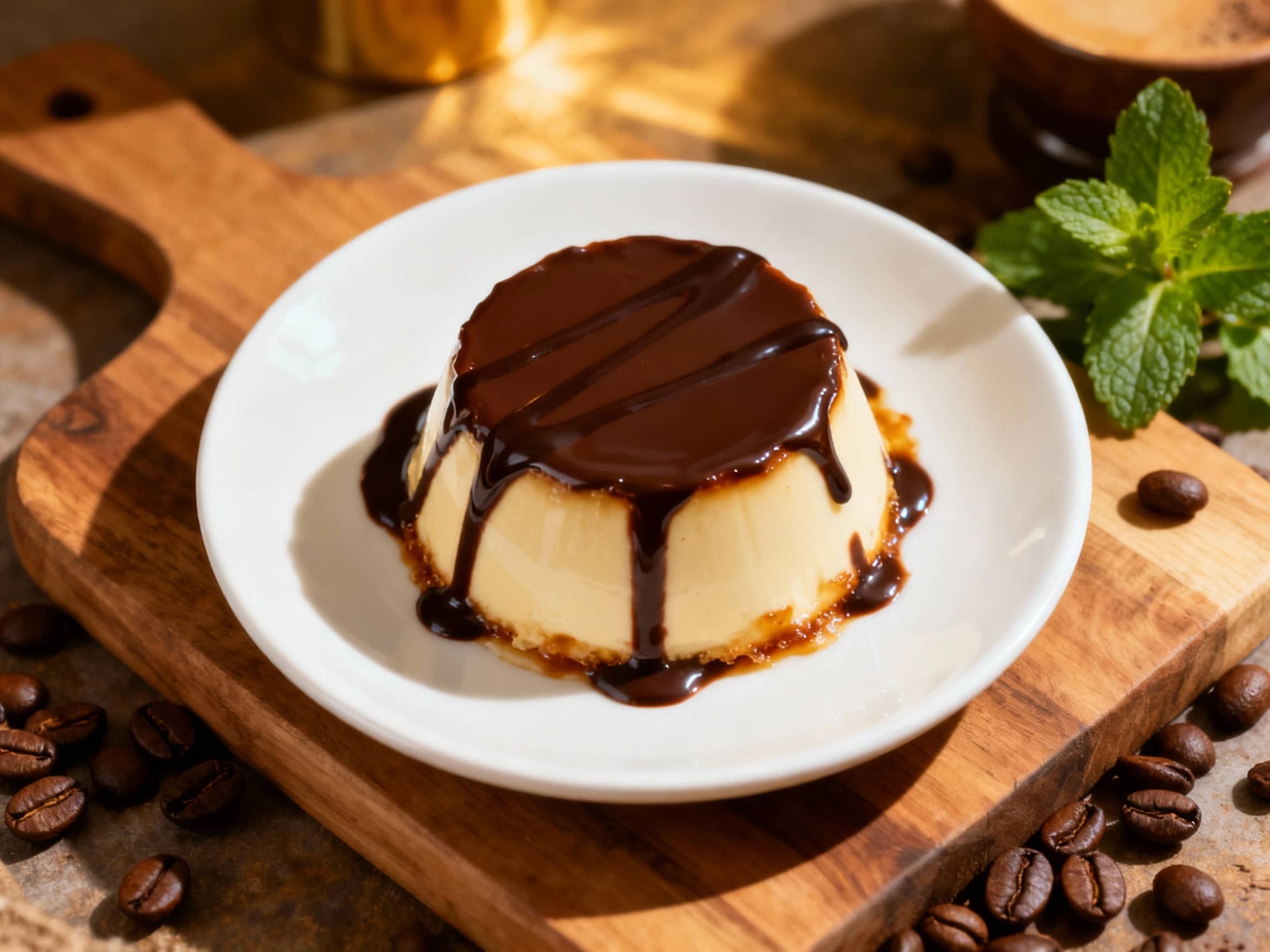 A creamy, pale espresso panna cotta is artfully drizzled with dark chocolate sauce, creating an elegant dessert with a rich and inviting appearance.