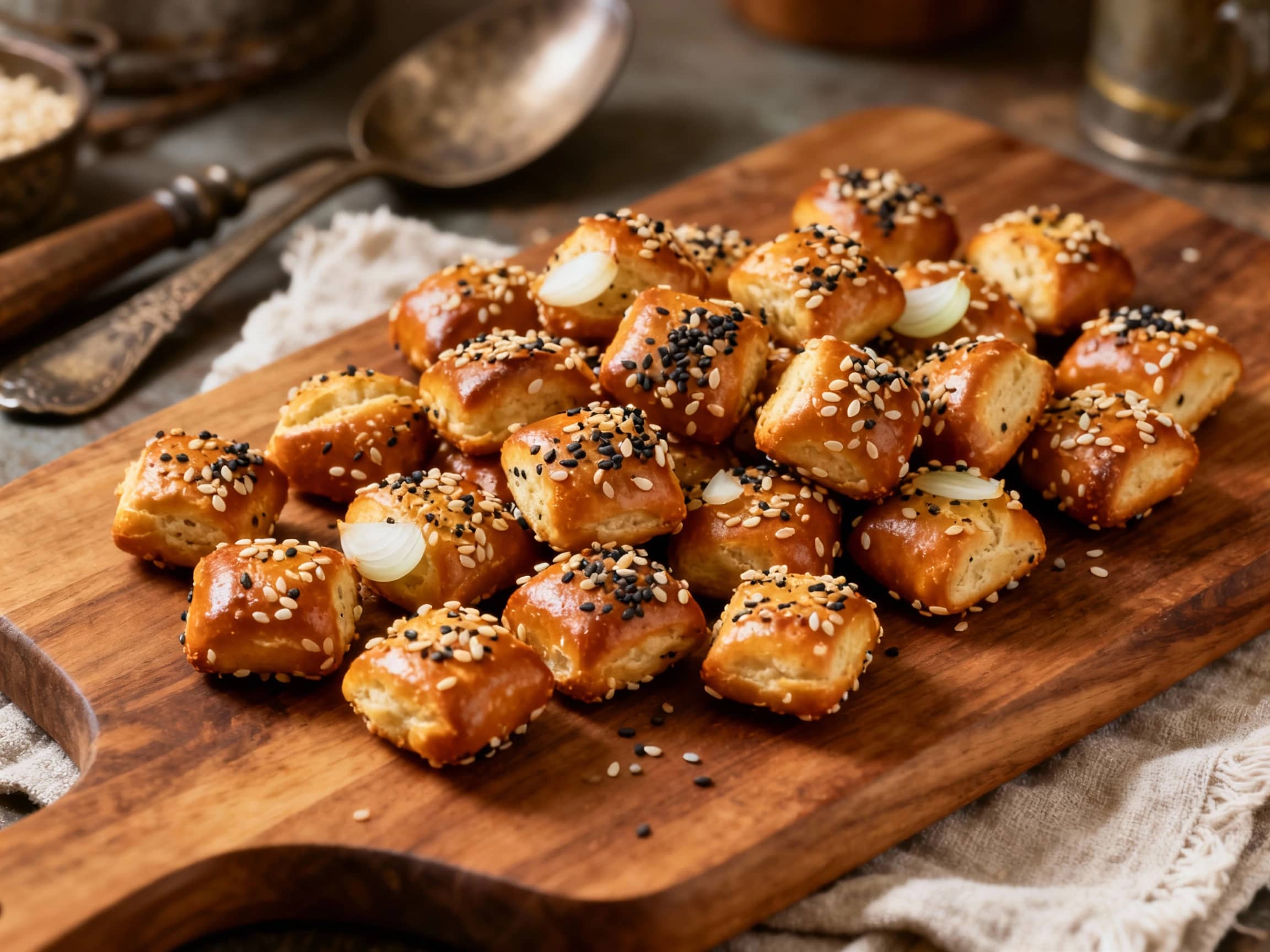 A close-up shot of golden-brown Everything Bagel Seasoned Pretzel Bites, artfully spilling out of a rustic white ceramic bowl onto a dark wooden board, ready for snacking. Each bite is heavily coated with everything bagel seasoning, showcasing visible sesame seeds, poppy seeds, and coarse salt. A small bowl of tangy mustard sits slightly out of focus in the background, suggesting a perfect pairing