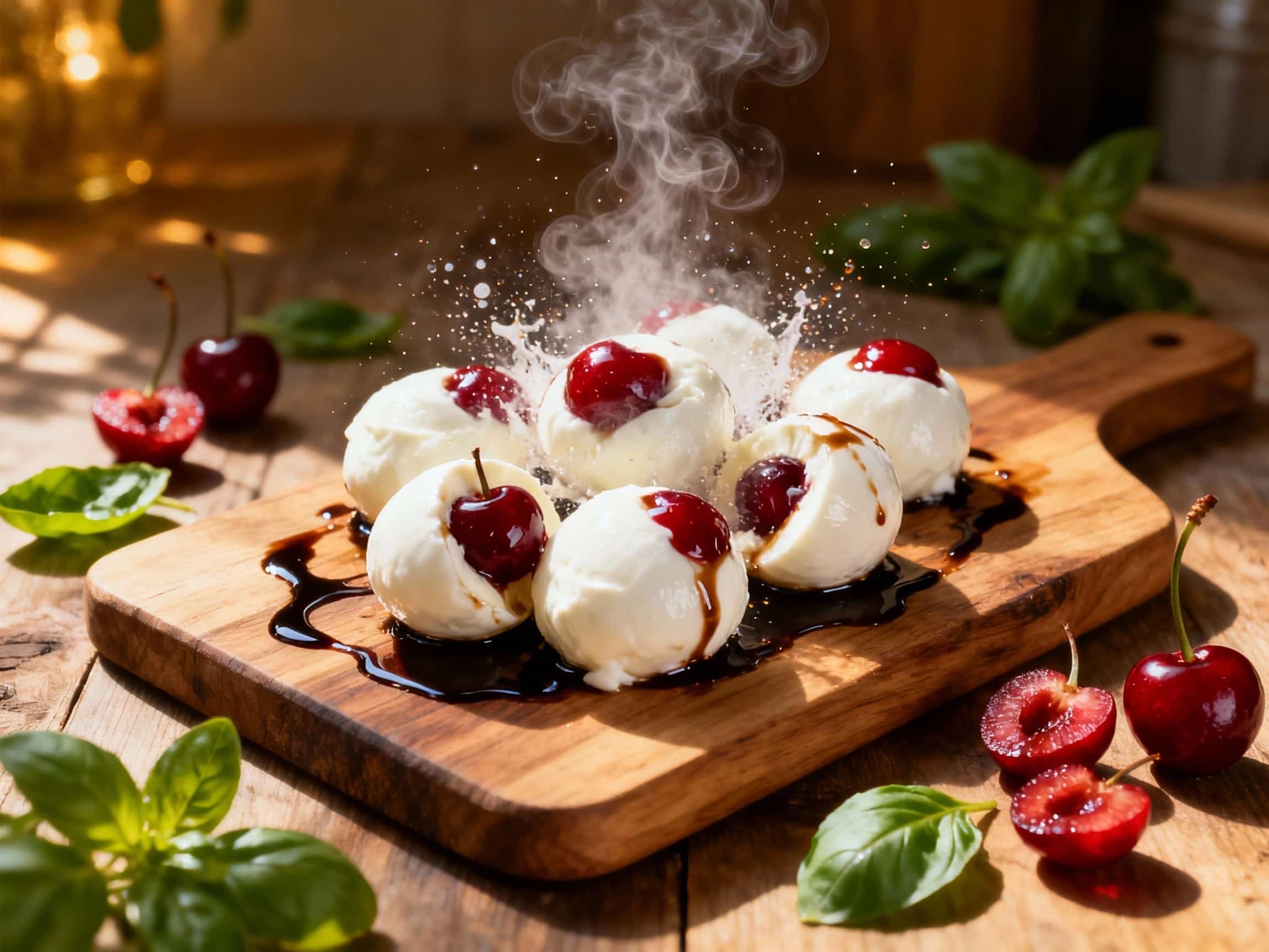 Juicy red cherry tomatoes stuffed with creamy mozzarella are drizzled with a balsamic glaze, resembling beautiful, flavorful explosions.