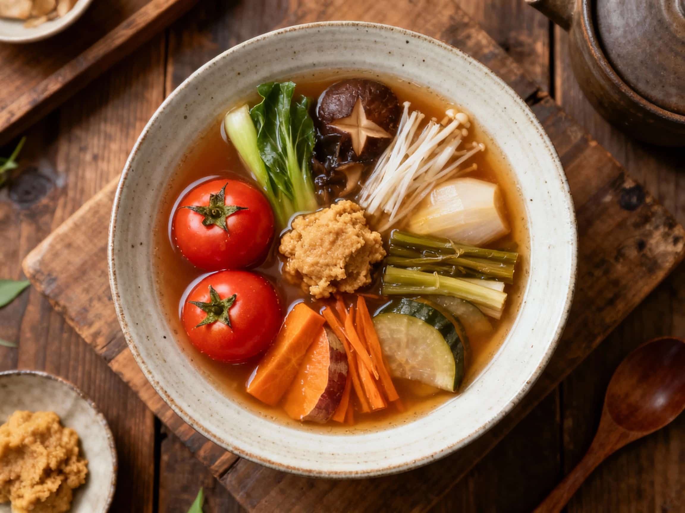 A comforting bowl of Japanese kenchin soup, brimming with colorful fall vegetables like kabocha squash, daikon, and carrots, is seasoned with tomato and miso for a savory depth.