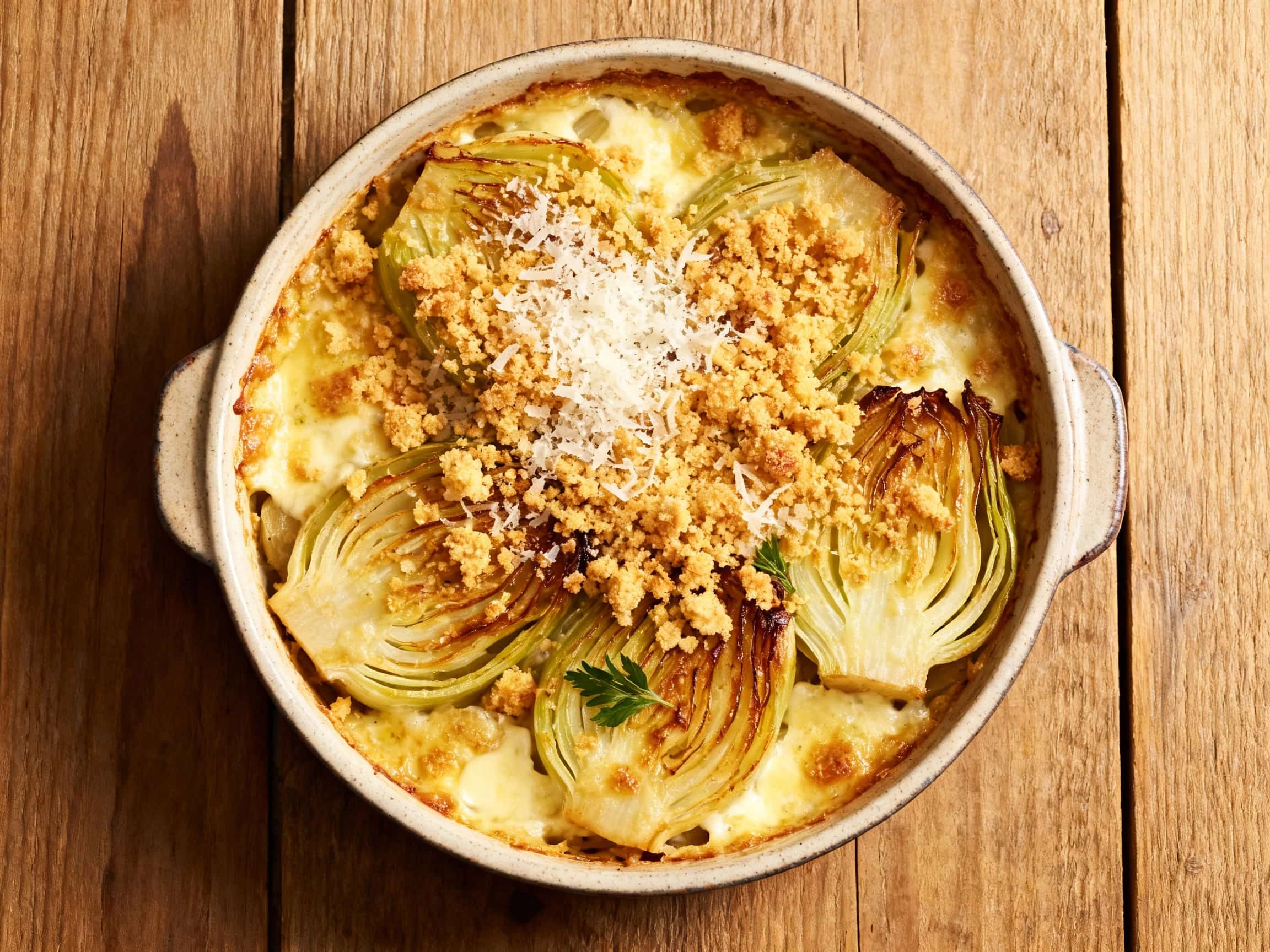 Golden-brown gratin of tender sliced fennel baked with herbs and topped with a cheesy parmesan crumble, presented in a rustic ceramic dish under warm light.