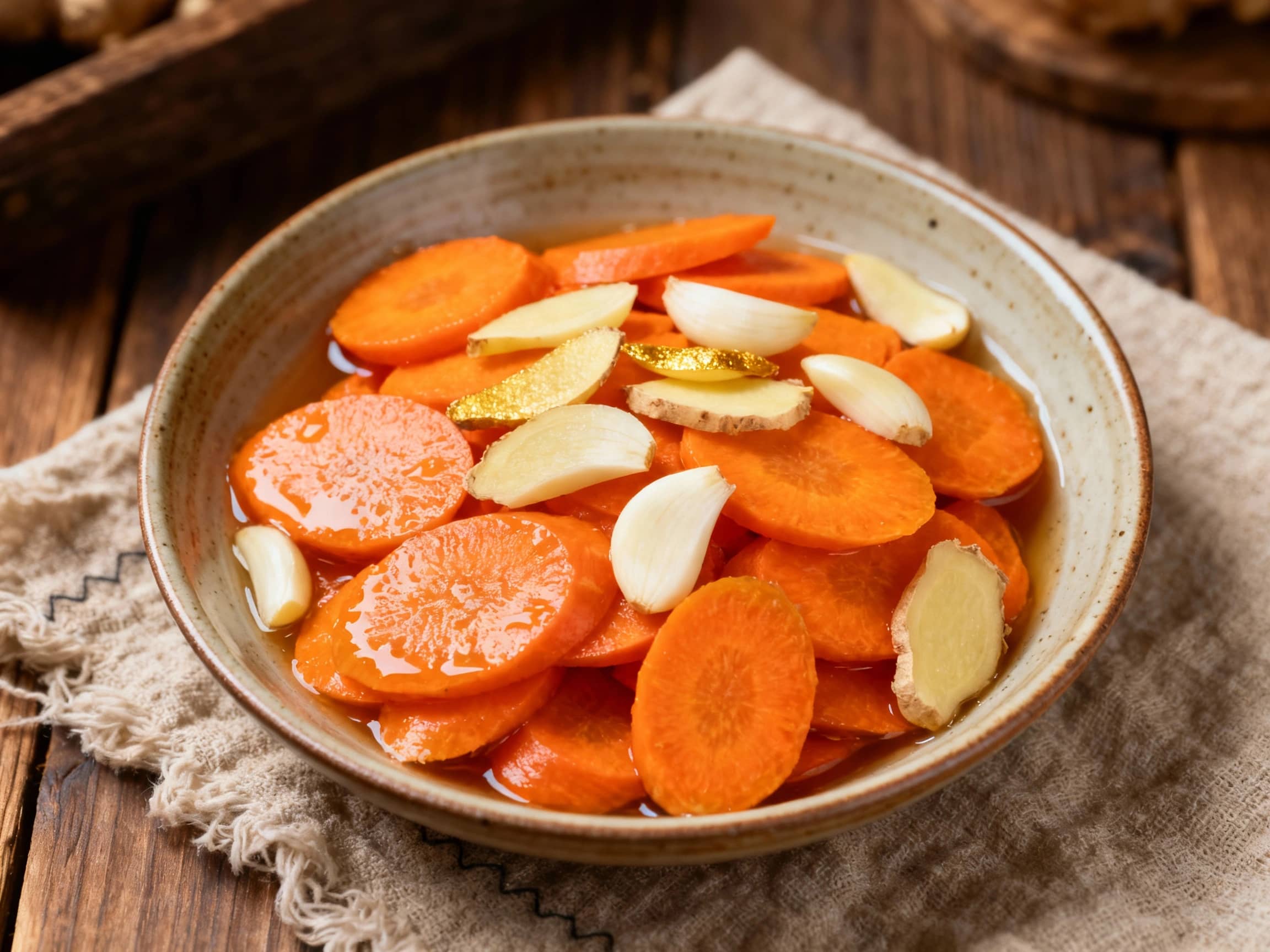 Vibrant orange fermented carrots mingle with slivers of ginger and garlic in a rustic glass jar, catching the light and promising a zesty, probiotic crunch.