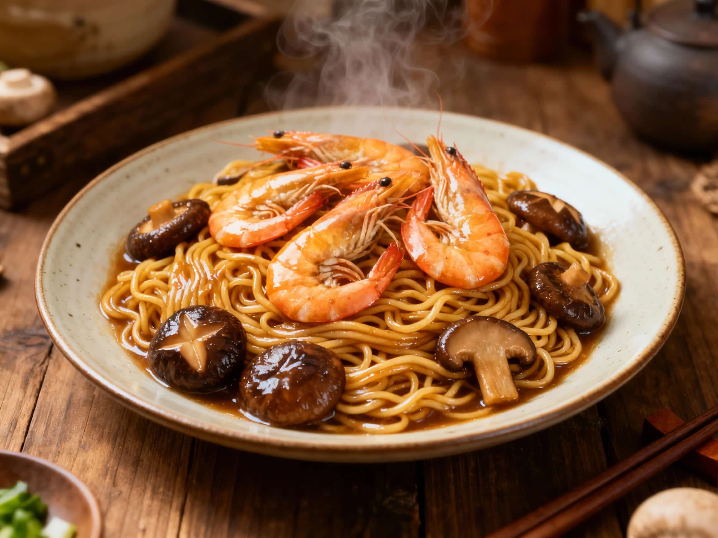Tender braised e-fu noodles mingle with plump shiitake mushrooms and succulent prawns, creating a rich and savory dish perfect for a celebratory meal.