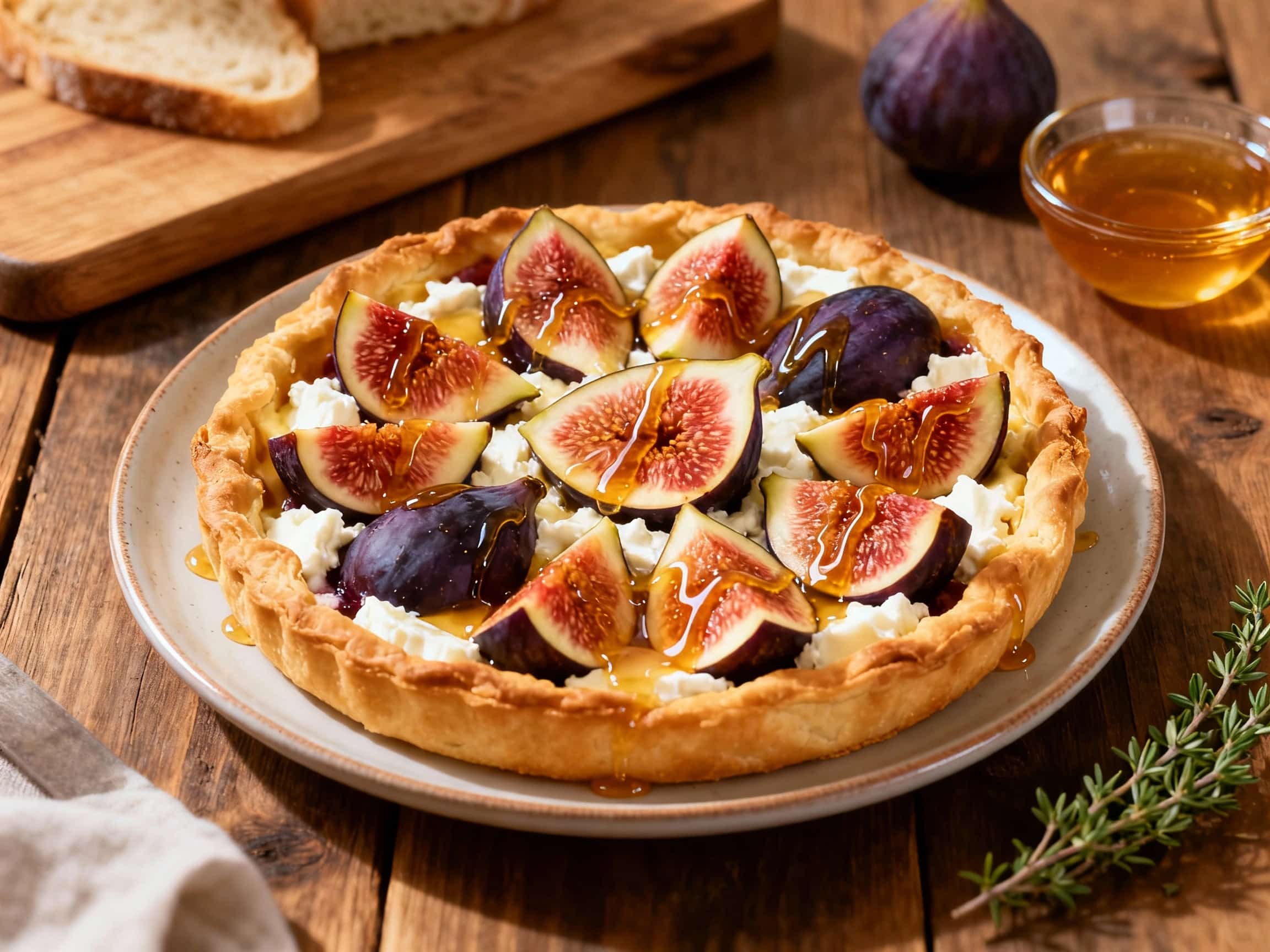 A beautifully baked fig and goat cheese tart resting on a rustic wooden cutting board, with a golden-brown, flaky crust. Sliced fresh figs and creamy goat cheese filling are visible, artfully arranged and topped with slivered almonds and fresh thyme. A glistening drizzle of honey cascades over the fruit, enhancing its appeal. The tart is presented in a warm, inviting setting, ready to be served as