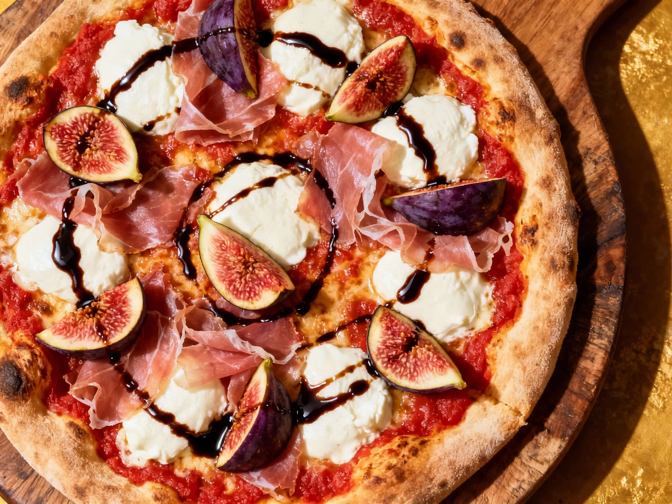 A rustic, rustic fig and prosciutto pizza with fresh mozzarella, basil leaves, and a drizzle of balsamic glaze sits on a wooden board.