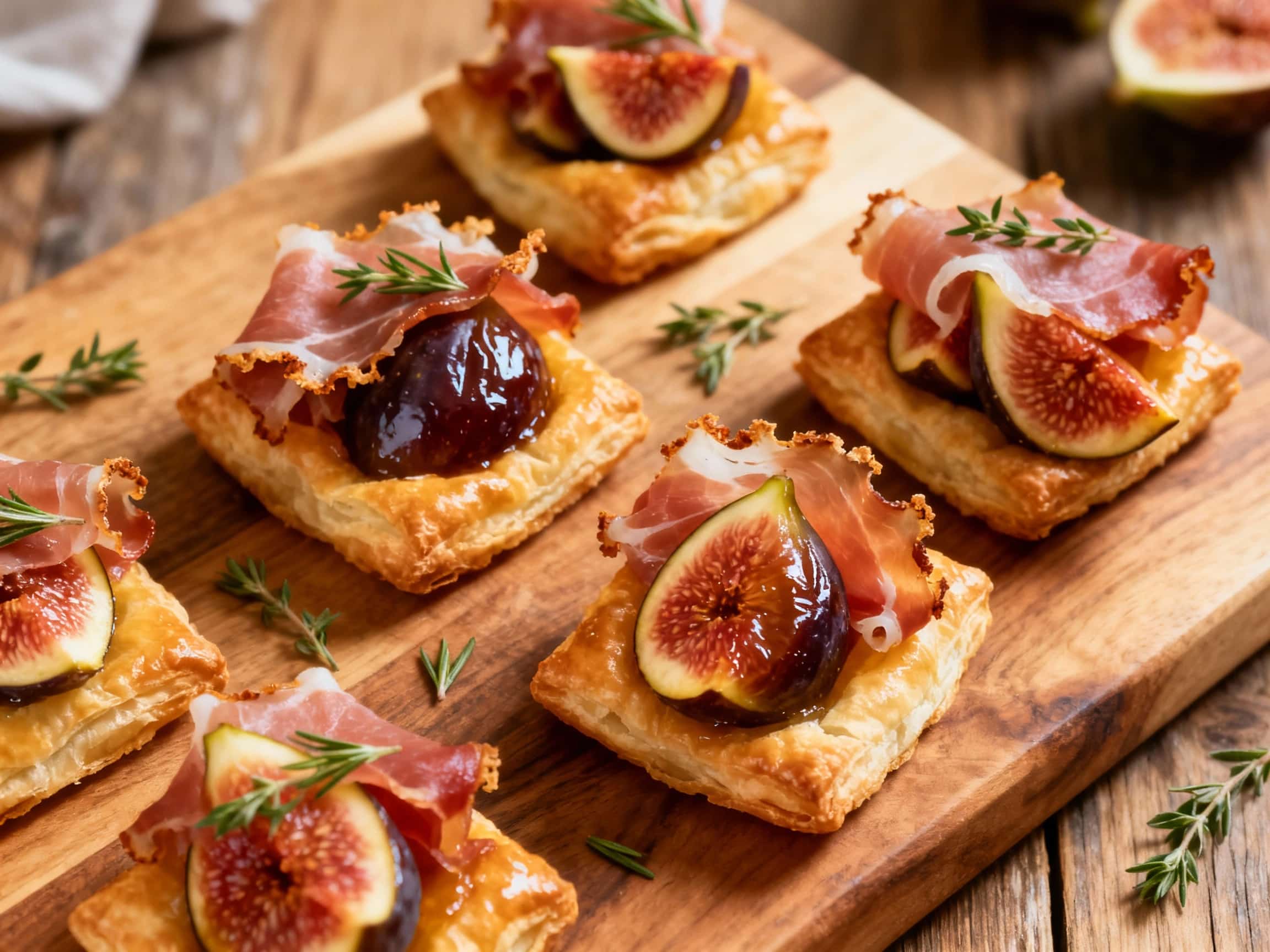 A close-up shot of golden-brown, flaky puff pastry squares on a rustic wooden board. Each square is topped with vibrant red fresh fig slices, delicate folds of prosciutto, and crumbly white goat cheese. A dark, shiny balsamic glaze has been drizzled over the top, and small green sprigs of fresh thyme are scattered among the ingredients. The lighting is warm and inviting, highlighting the textures