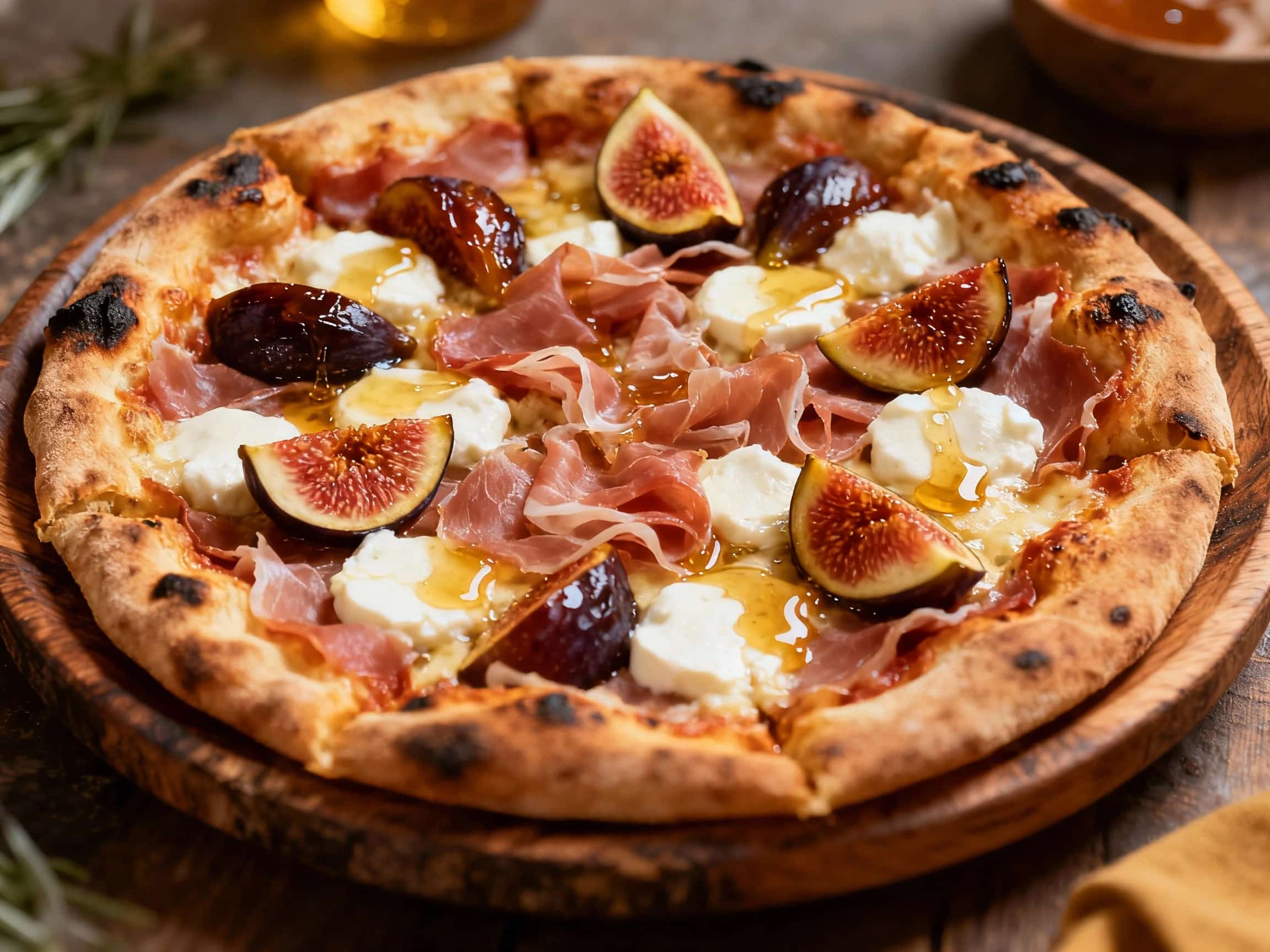 A rustic Sicilian pizza, topped with sweet figs, salty prosciutto, and fresh arugula, sits on a wooden board, ready to be enjoyed.
