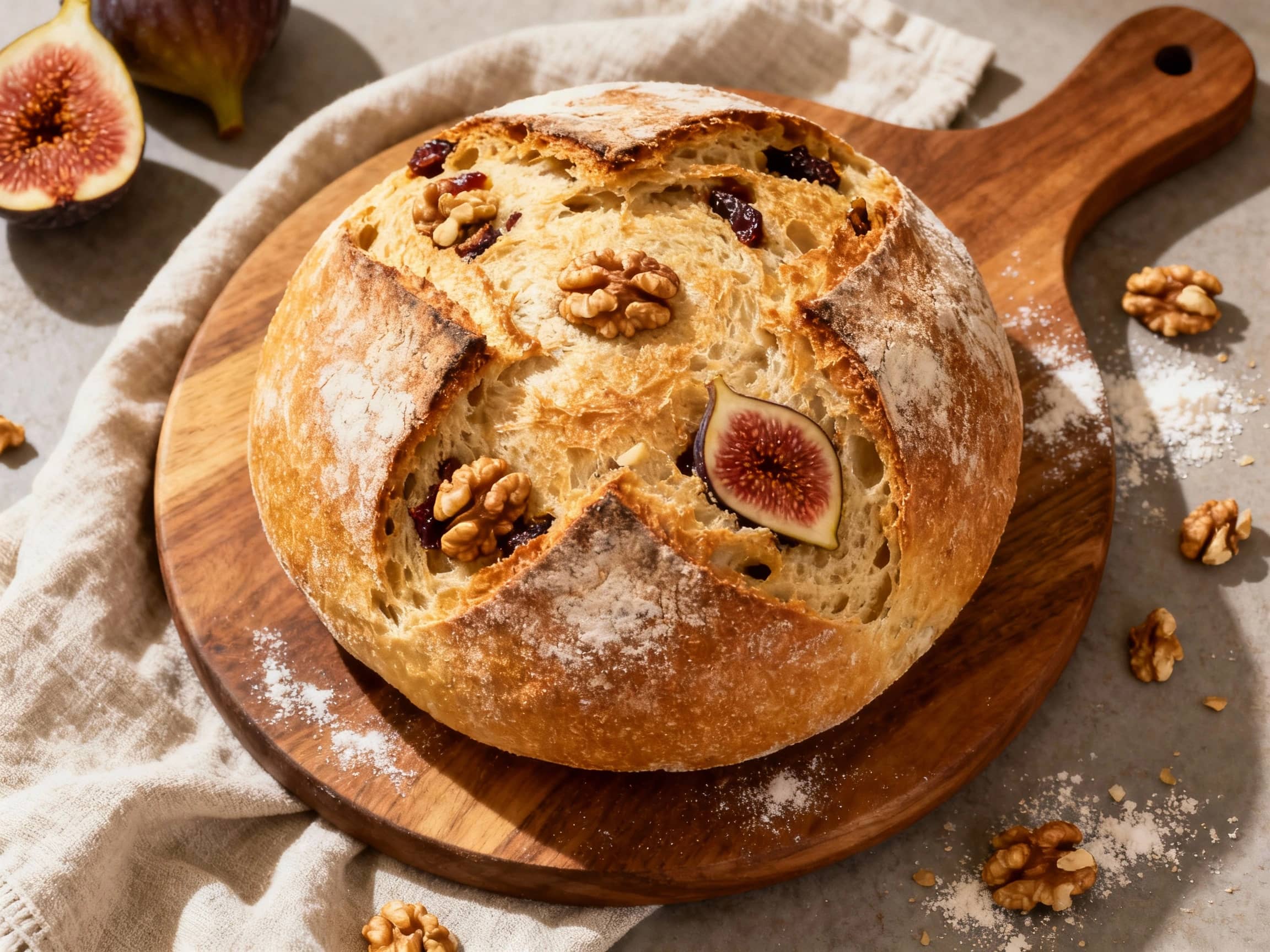 A beautifully baked sourdough boule, scored with a delicate pattern and topped with plump figs and toasted walnuts, rests on a rustic wooden board, inviting a delicious feast.
