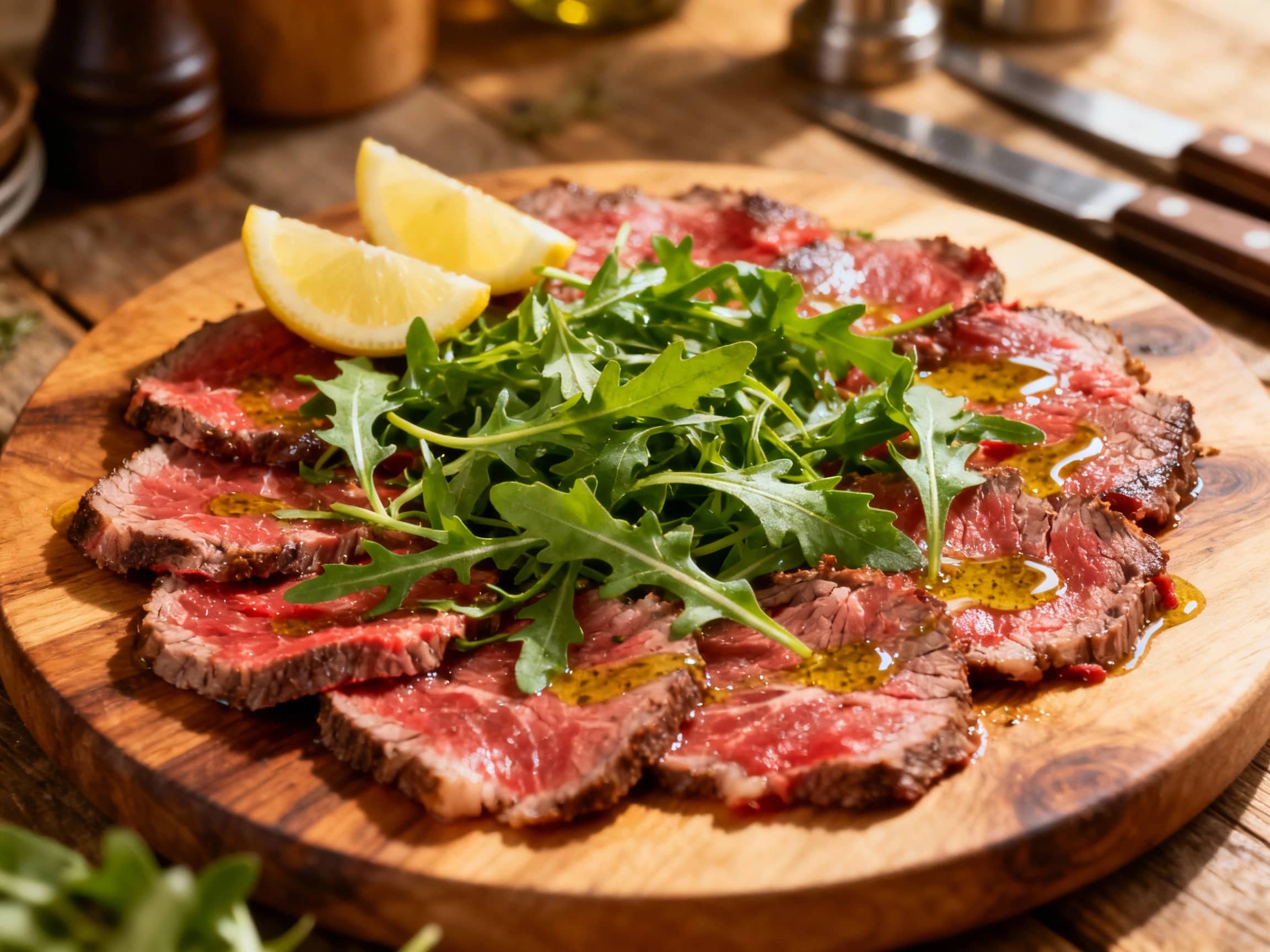 Thinly sliced rare steak, seared and arranged artfully on a white plate, is lightly dressed and topped with fresh peppery arugula and shaved parmesan cheese.