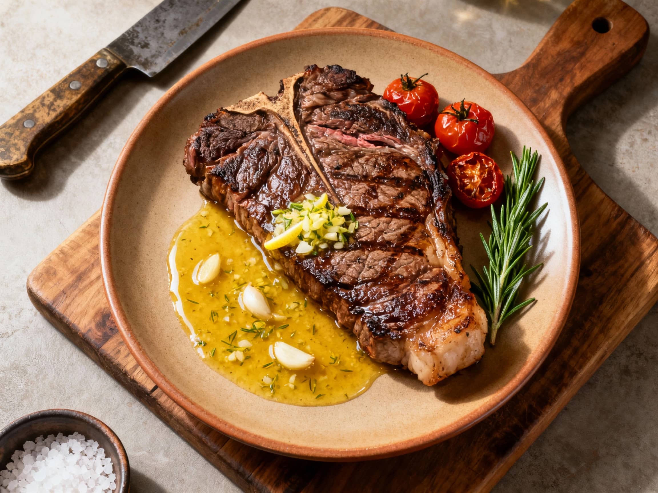 A thick, perfectly grilled Fiorentina steak rests on a rustic wooden board, glistening under a vibrant lemon-garlic butter sauce, ready to be savored.