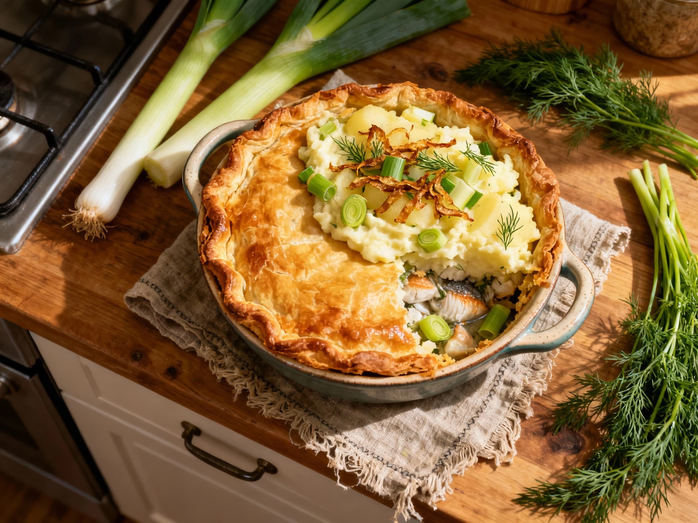 Fish Pie with Leek and Dill Potato Topping