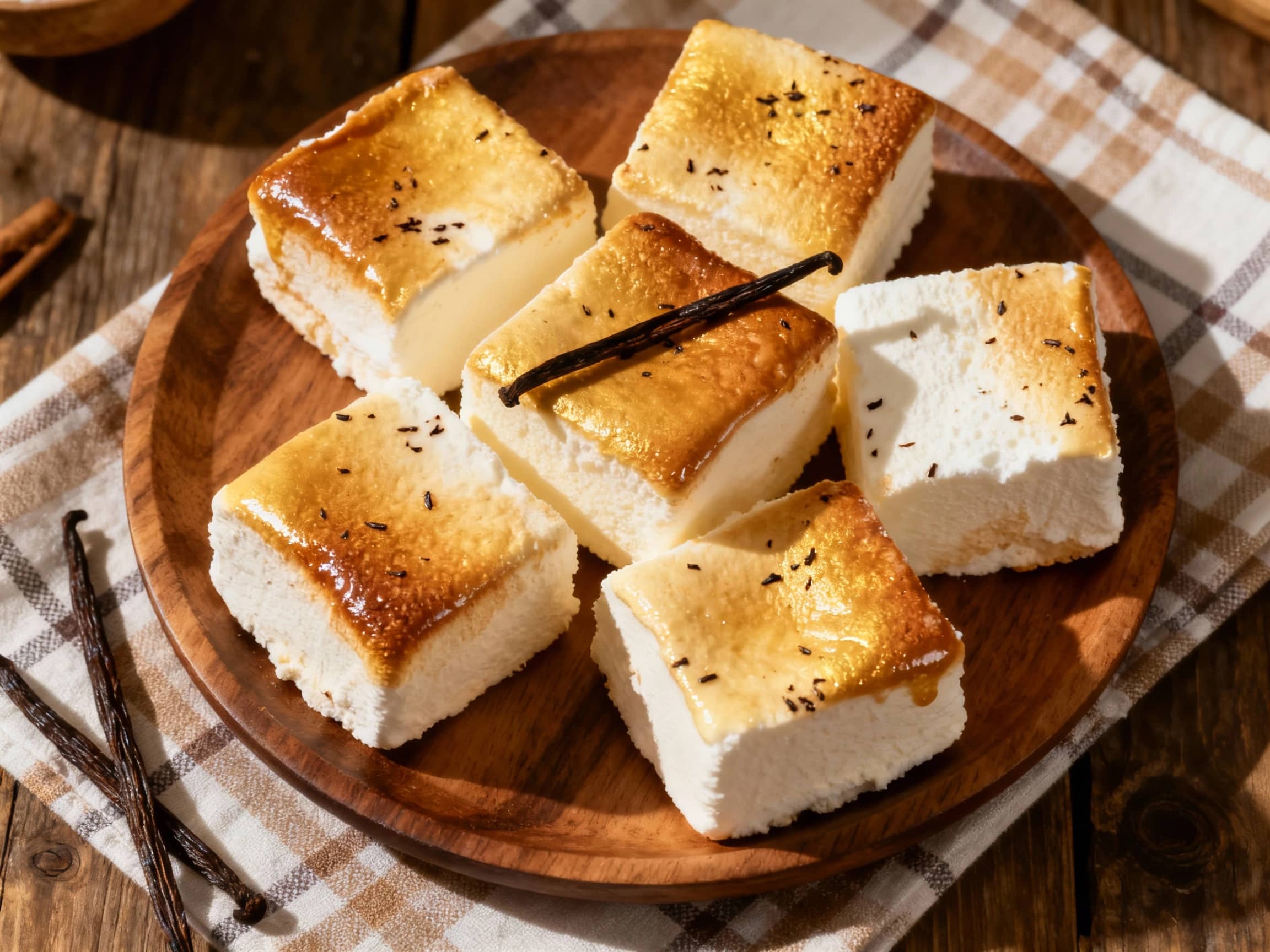 Soft, cloud-like vanilla bean marshmallows are dusted with powdered sugar on a marble slab, creating a sweet, inviting centerpiece.