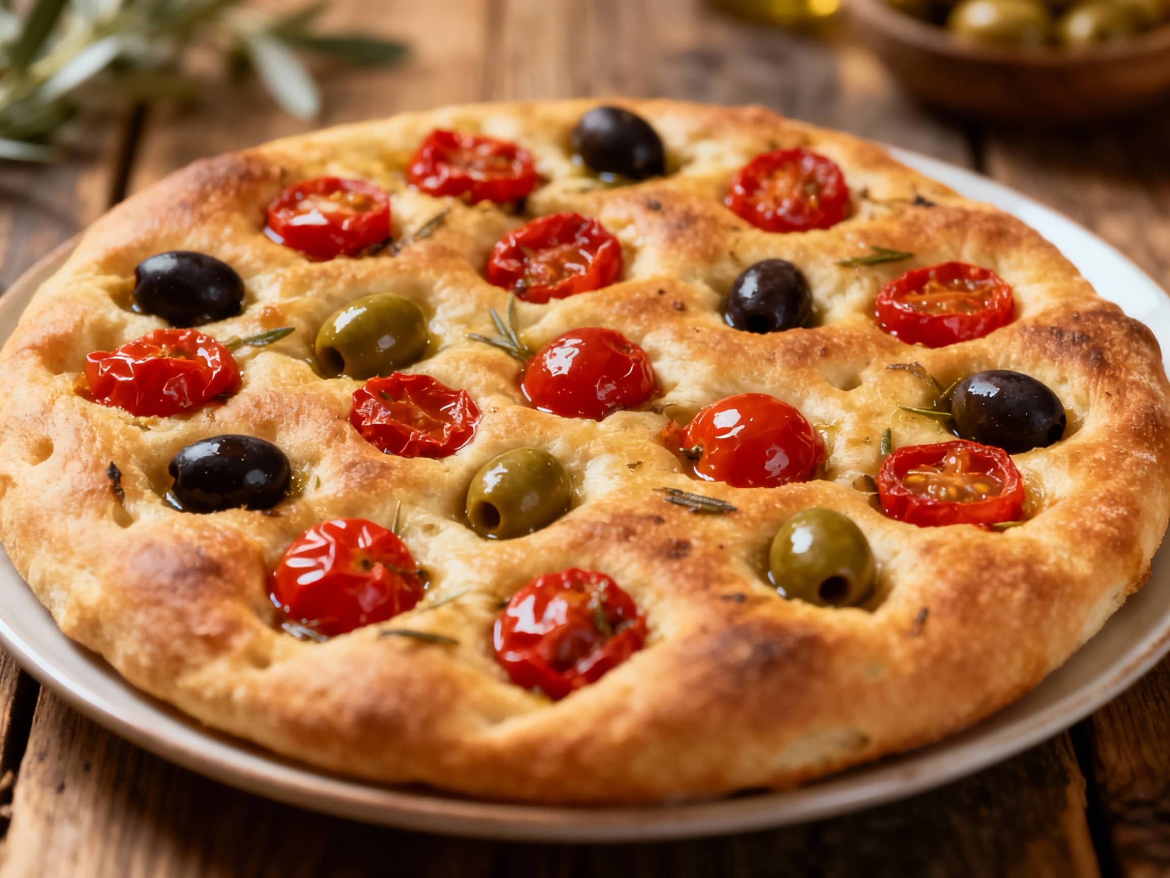 A rustic, golden-brown focaccia is studded with vibrant cherry tomatoes and briny olives, glistening with olive oil and ready to be enjoyed.
