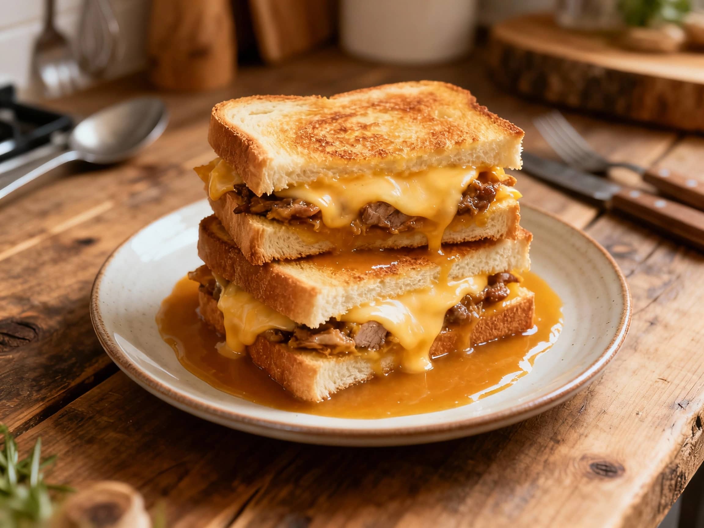 Golden-brown toasties ooze with melted cheese and a rich, savory sauce, stacked high and topped with a perfectly fried egg, reminiscent of the iconic Portuguese sandwich.