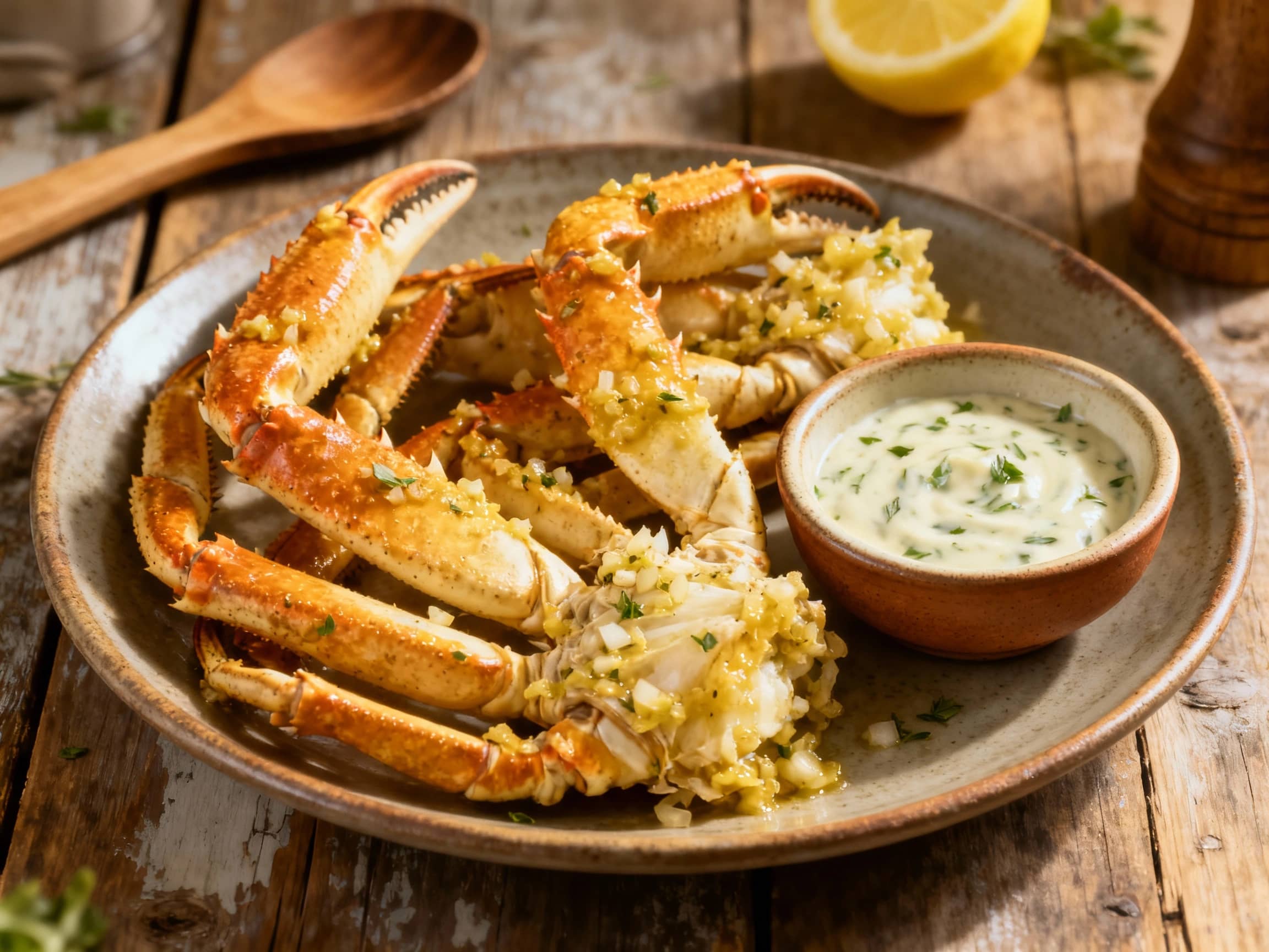 A steaming platter of golden garlic butter crab legs glistens under warm light, ready to be dipped in a bright lemon herb sauce.