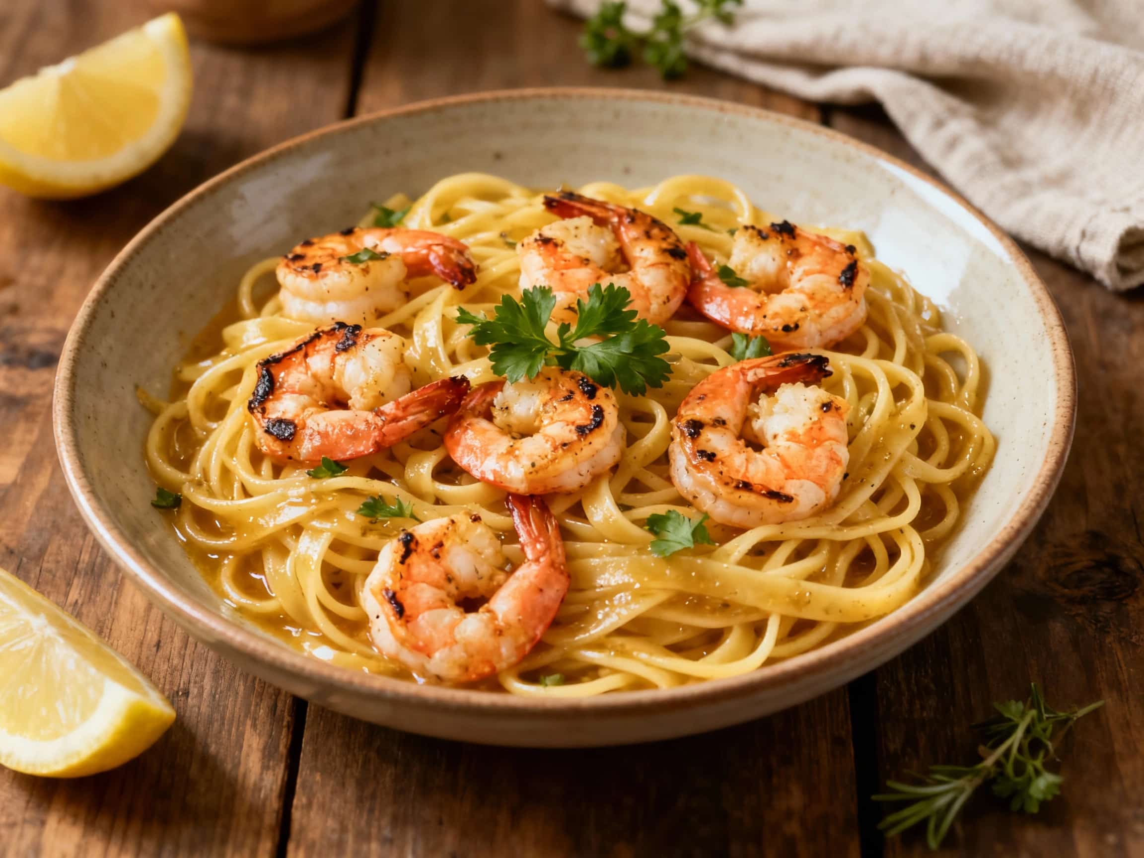 A steaming bowl of linguine is tossed with succulent garlic butter shrimp, topped with fresh parsley for a vibrant, inviting presentation.