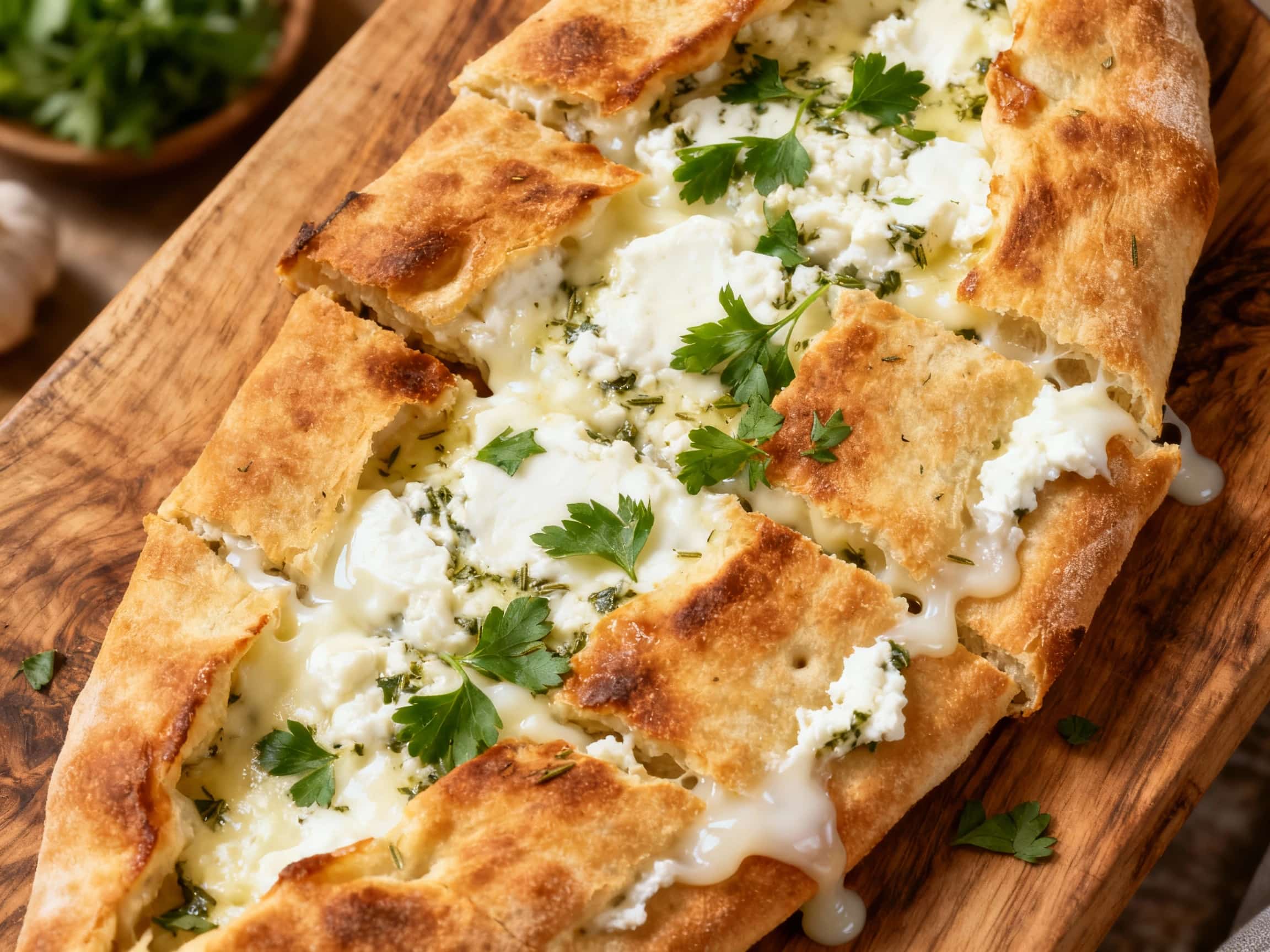 Golden brown Turkish pide bread, blistered from the oven, is generously topped with melted white cheese, flecks of fresh herbs, and glistening garlic.