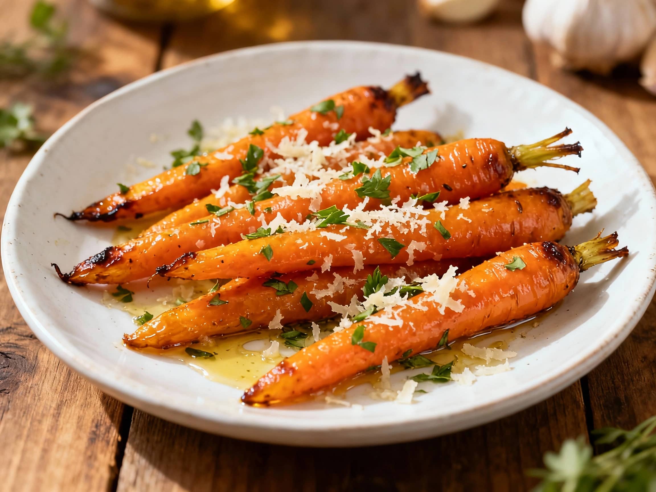 Tender roasted carrots glisten with herbs and Parmesan cheese on a white plate, ready to be enjoyed with a sprinkle of fresh parsley.