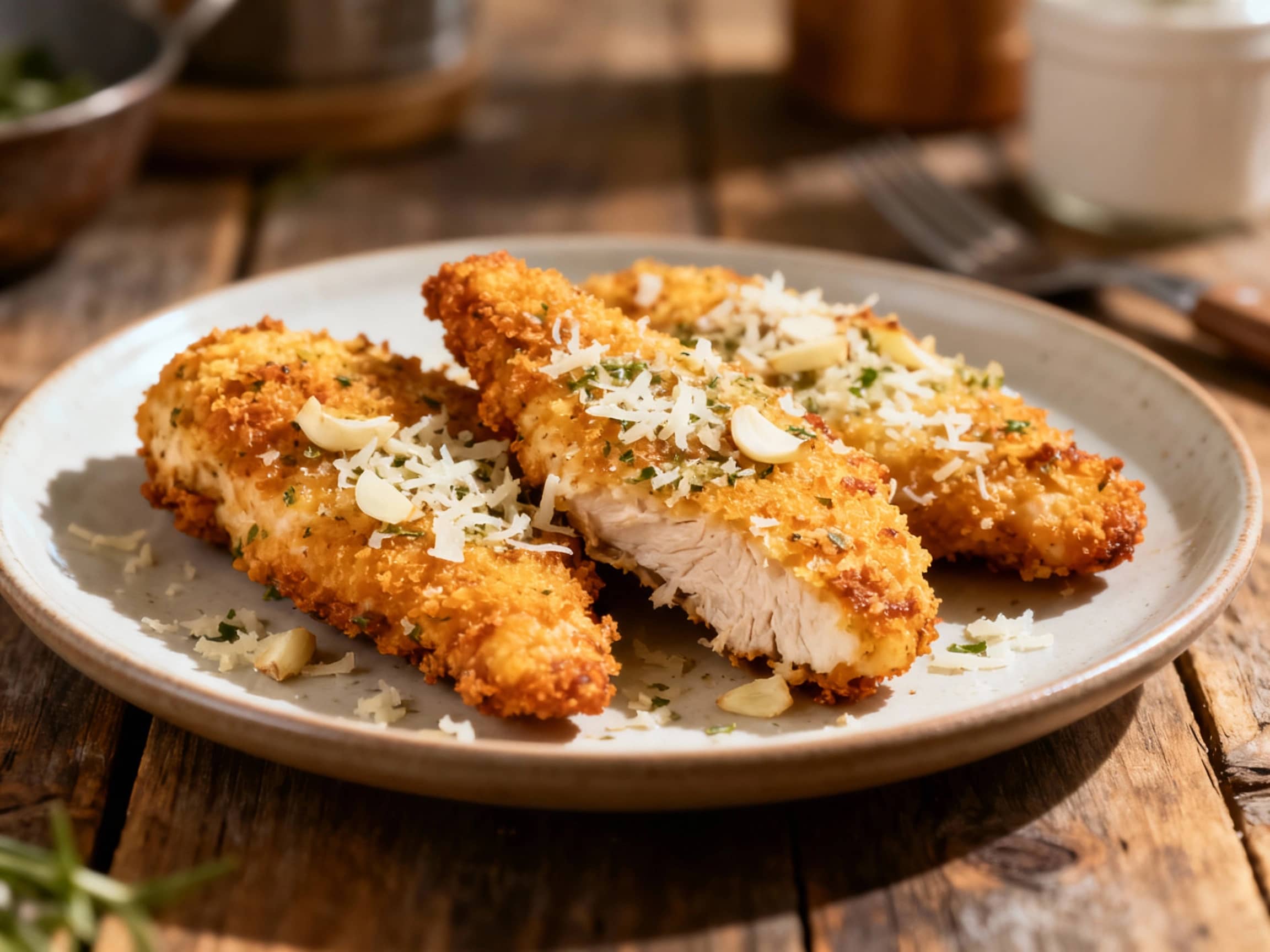 Golden brown, crispy air-fried chicken tenders are generously dusted with Parmesan cheese and fresh parsley, glistening under warm lighting, creating an inviting and delicious appetizer.