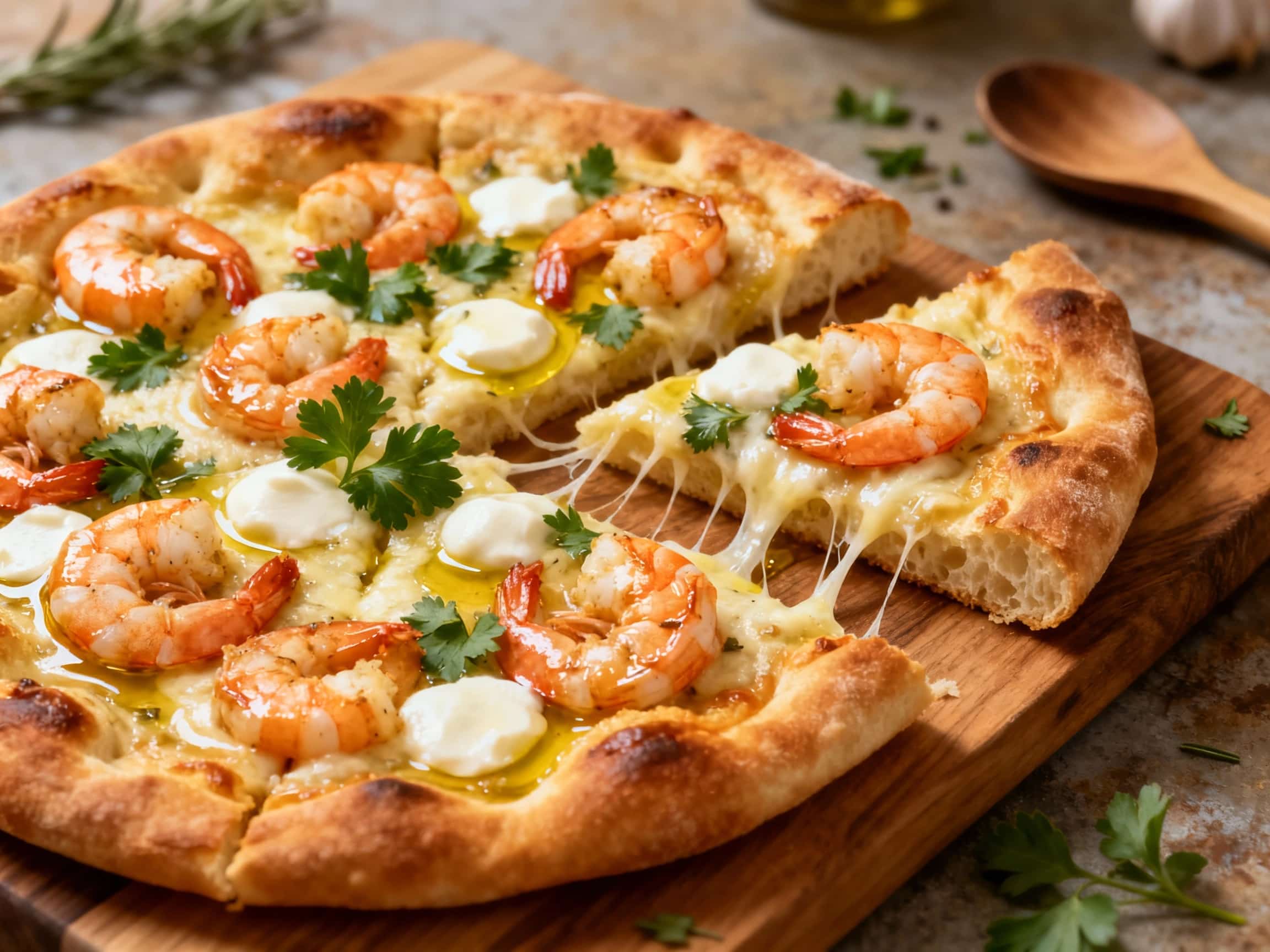 A mouth-watering garlic shrimp white focaccia pizza is presented on a worn wooden cutting board, viewed from directly above. The focaccia base is golden and slightly blistered, topped generously with succulent pink shrimp, vibrant green wilted spinach, and a blanket of melted, bubbling Parmesan cheese. The edges of the focaccia are perfectly crisp, and the entire dish exudes a rustic yet elegant a